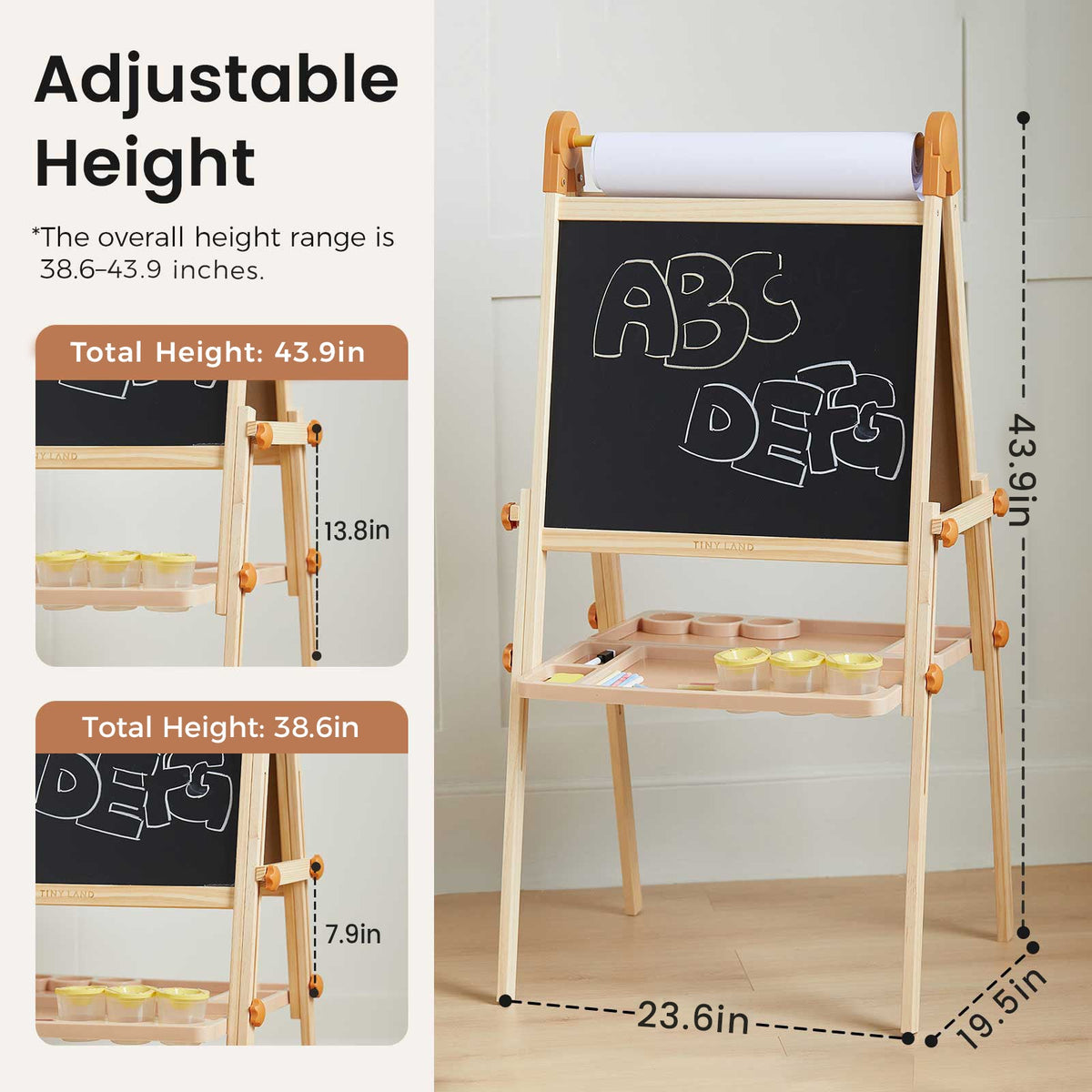 Tiny Land® Caramel Magnitales Art Easel & Paper Roll Set – Double-Sided Magnetic Easel with 3 Extra Paper Rolls, Ages 3–8