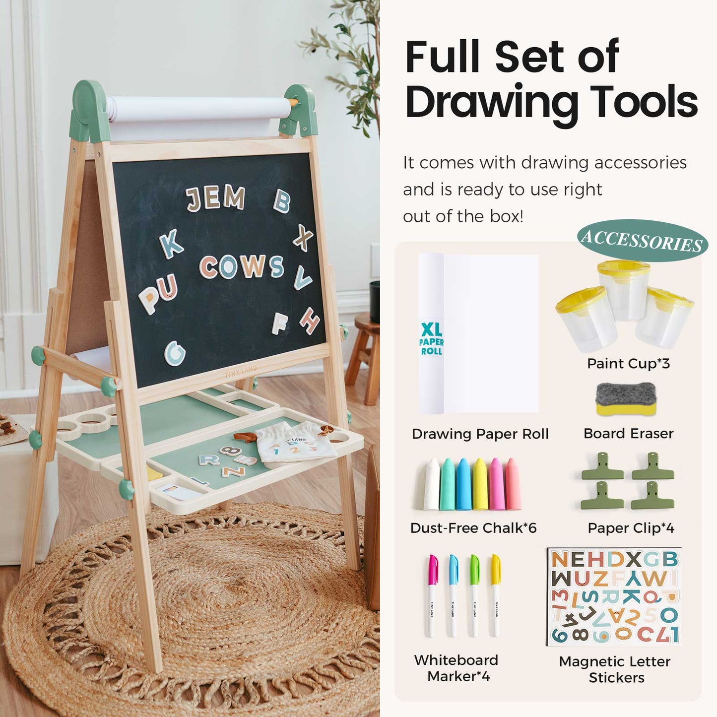 Tiny Land® Magnitales Wooden Easel for Kids - Green