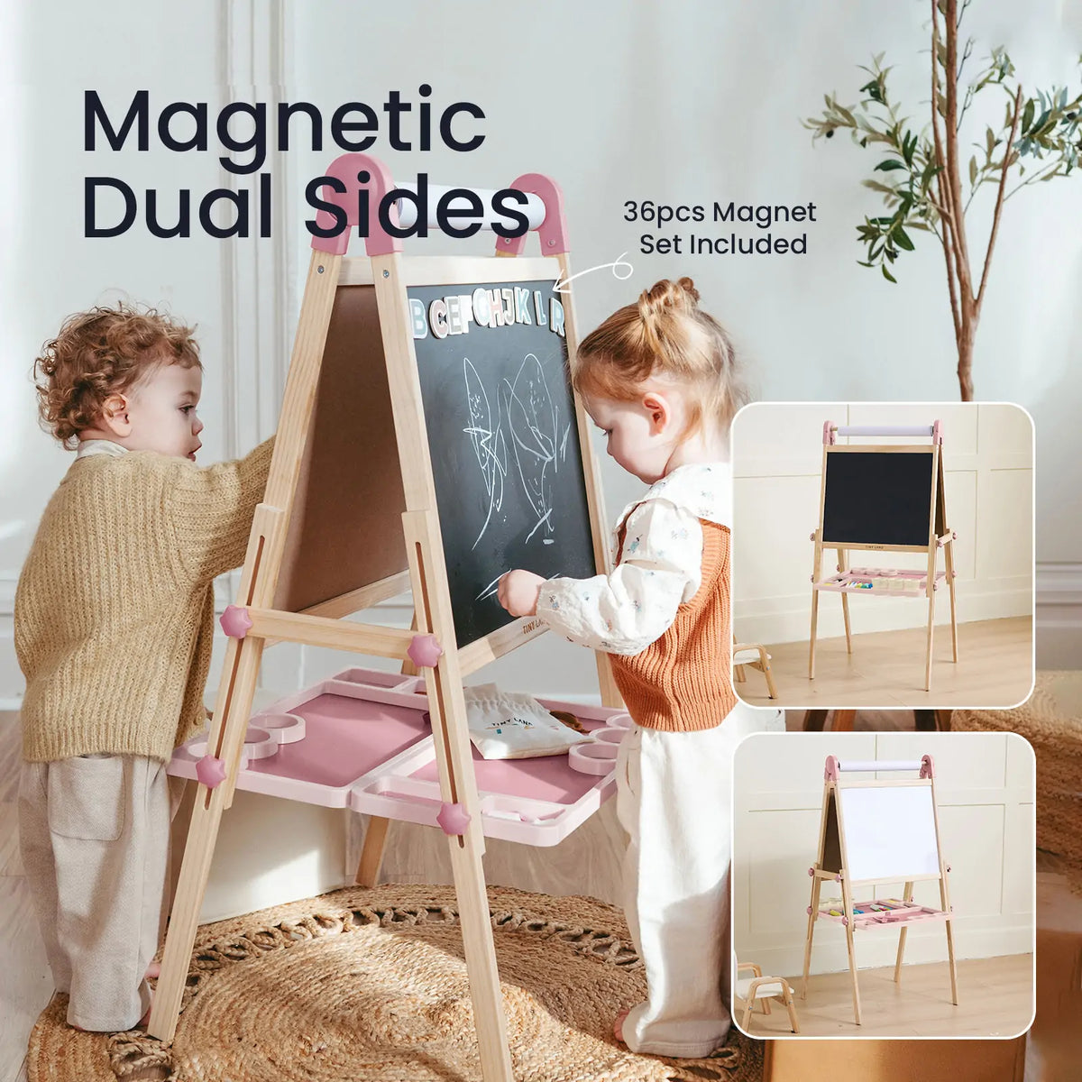 Tiny Land® Magnitales Wooden Art Easel for Kids – Double-Sided Magnetic Chalkboard & Whiteboard, Adjustable, Ages 3–8