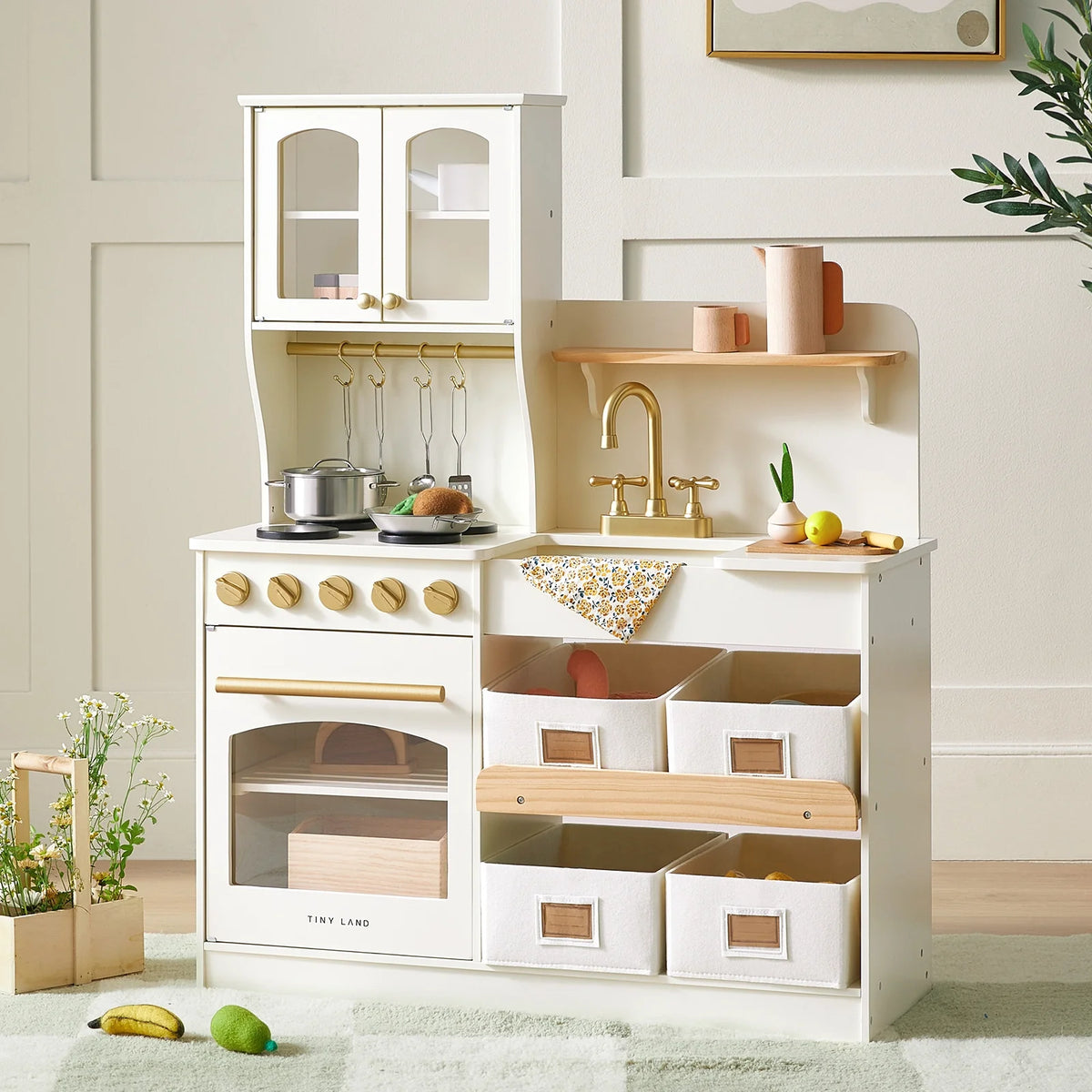 Tiny Land Wooden Play Kitchen with Storage – Cottage-Style Toddler Kitchen