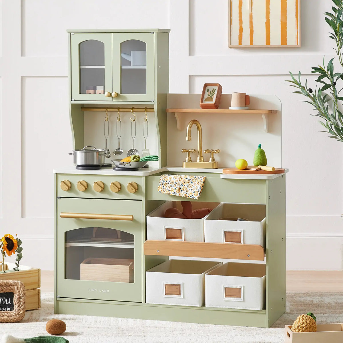 Tiny Land Wooden Play Kitchen with Storage – Cottage-Style Toddler Kitchen