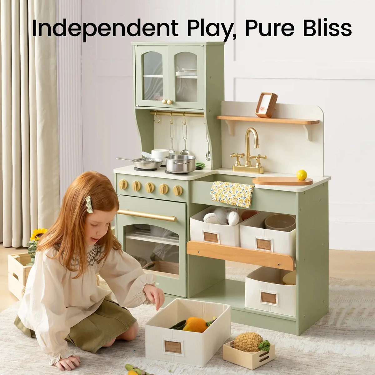 Tiny Land Wooden Play Kitchen with Storage – Cottage-Style Toddler Kitchen
