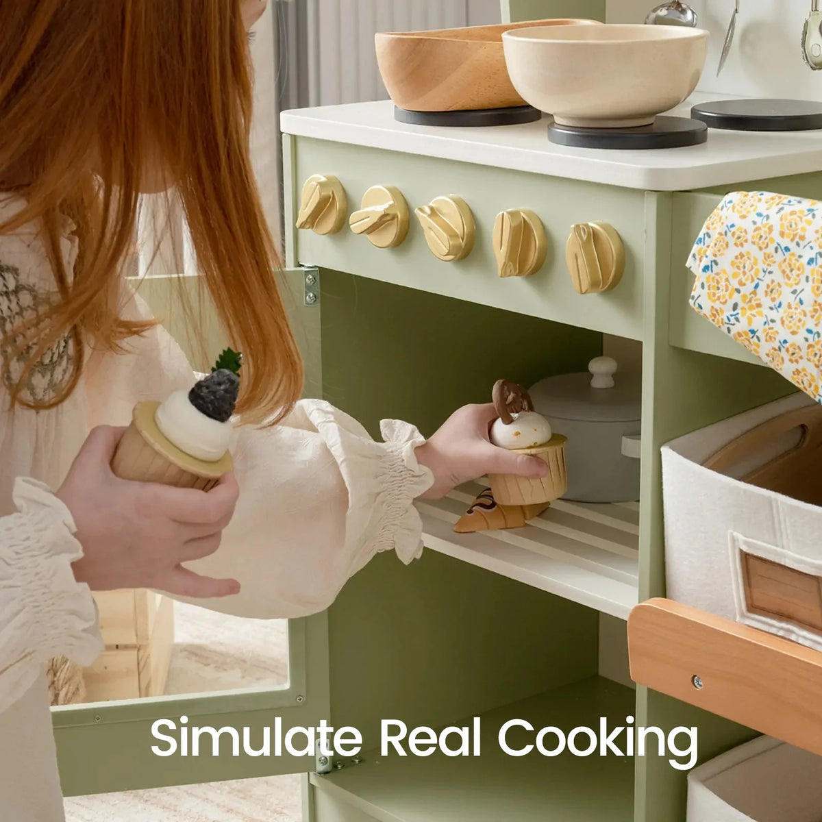 Tiny Land Wooden Play Kitchen with Storage – Cottage-Style Toddler Kitchen