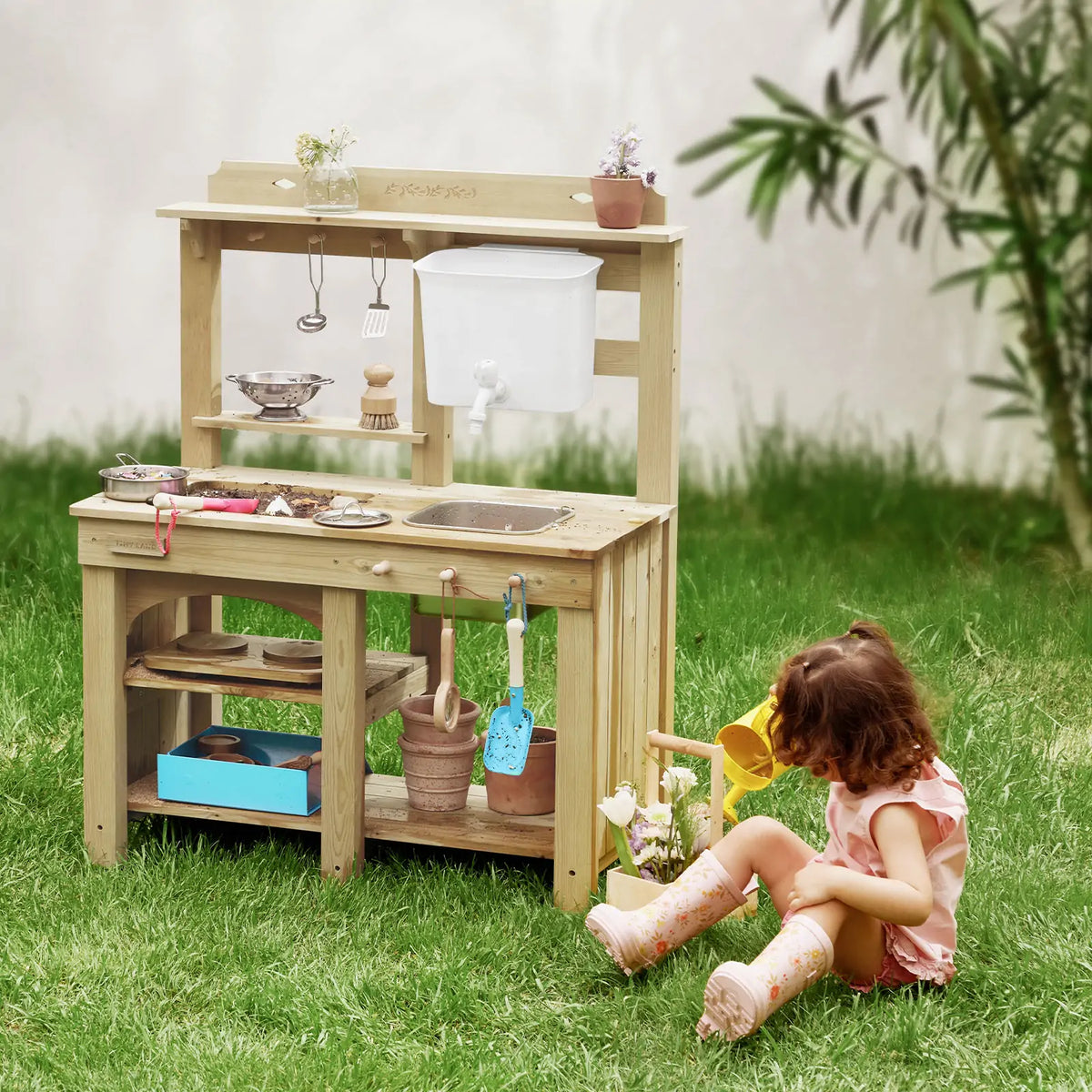 Tiny Land DuoPlay Mud Kitchen – Outdoor Wooden Play Kitchen with Water Tank