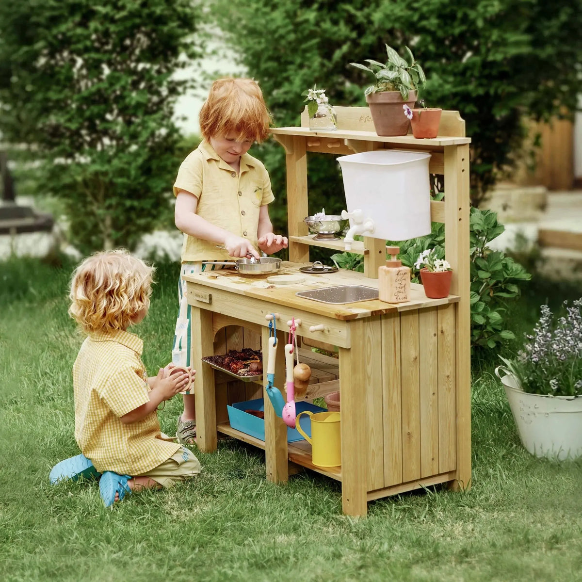Tiny Land DuoPlay Mud Kitchen – Outdoor Wooden Play Kitchen with Water Tank