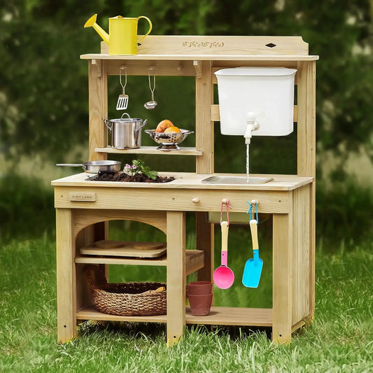 Tiny Land DuoPlay Mud Kitchen – Outdoor Wooden Play Kitchen with Water Tank