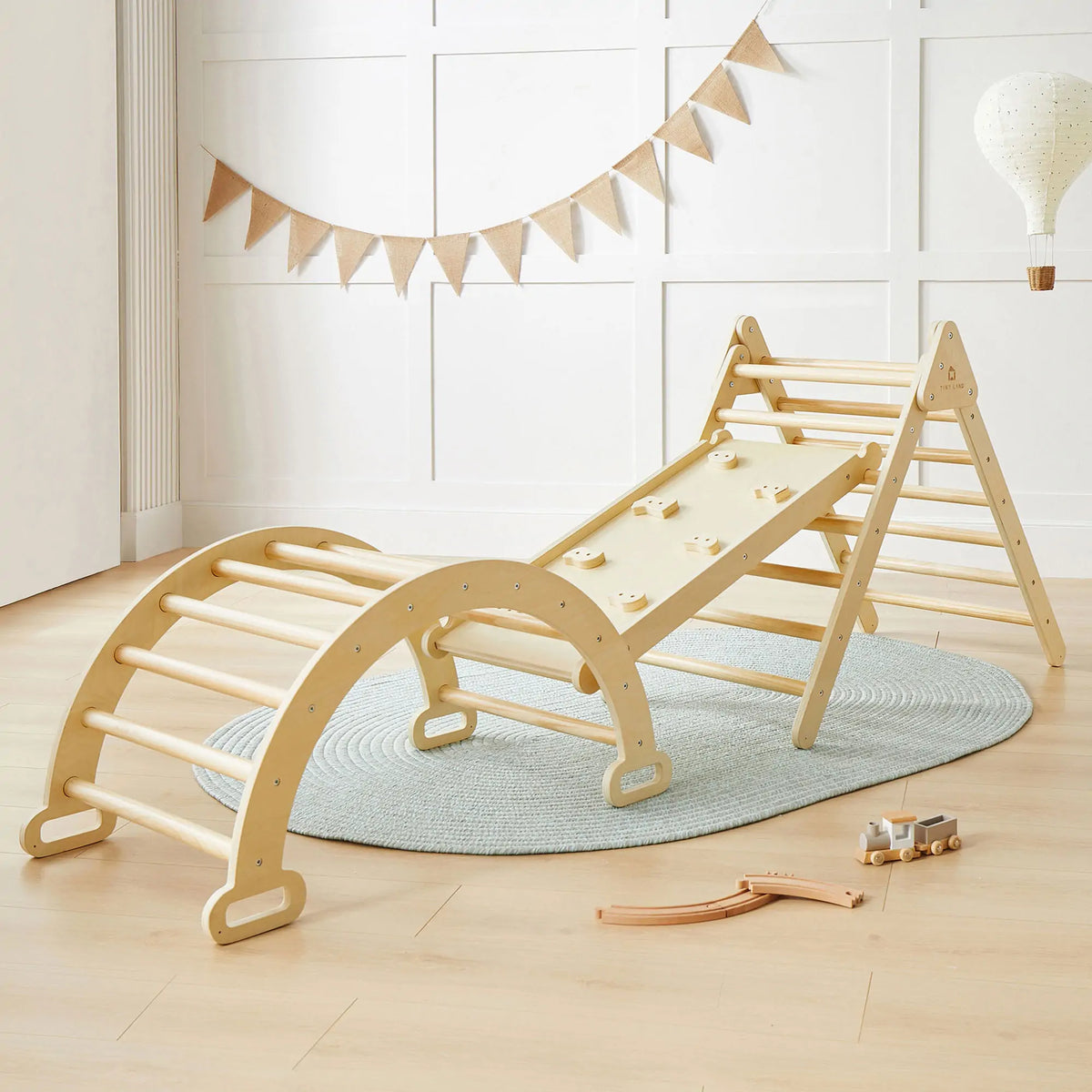 Tiny Land Pikler Triangle 7-in-1 – Wooden Montessori Climbing Set with Slide