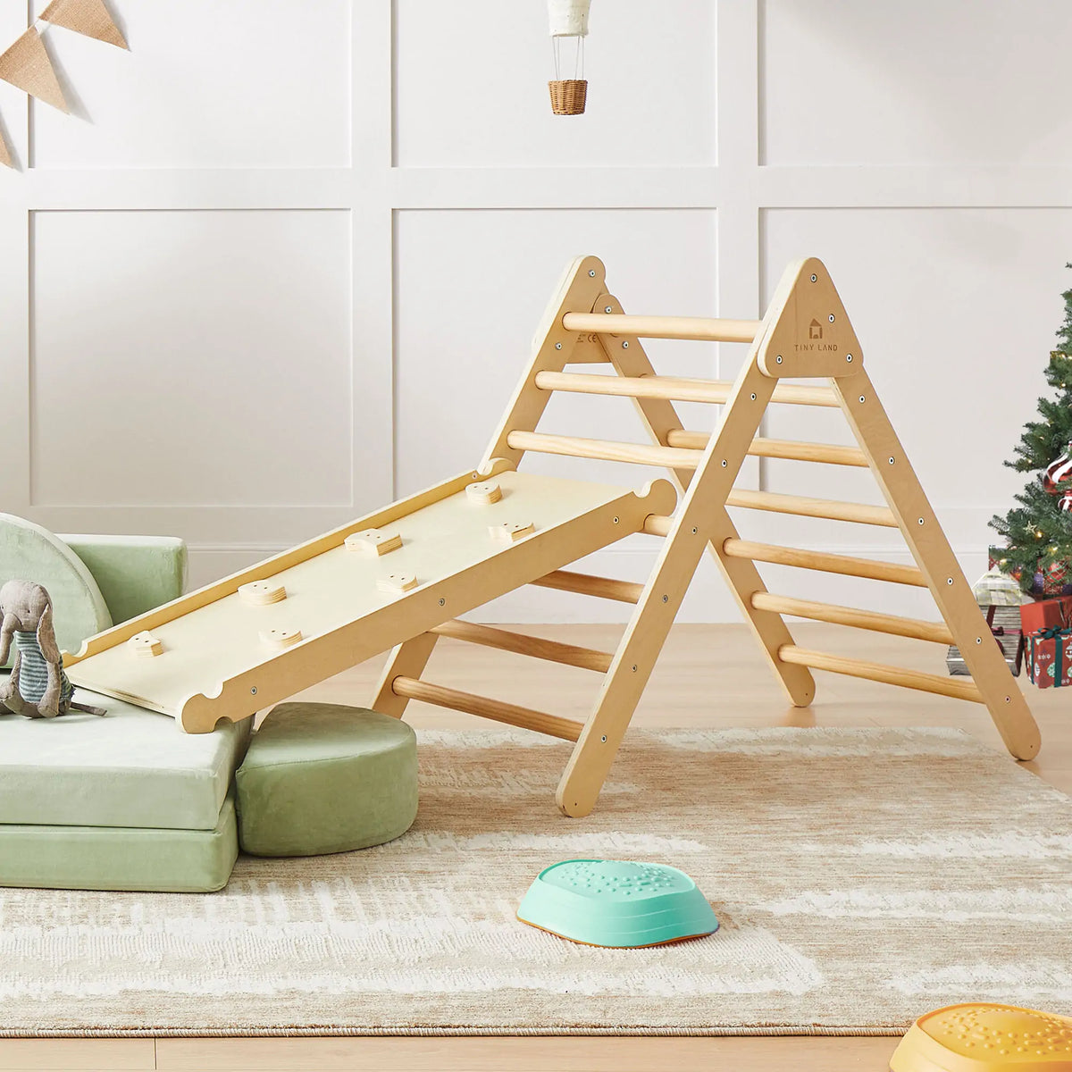 Tiny Land Pikler Triangle 7-in-1 – Wooden Montessori Climbing Set with Slide