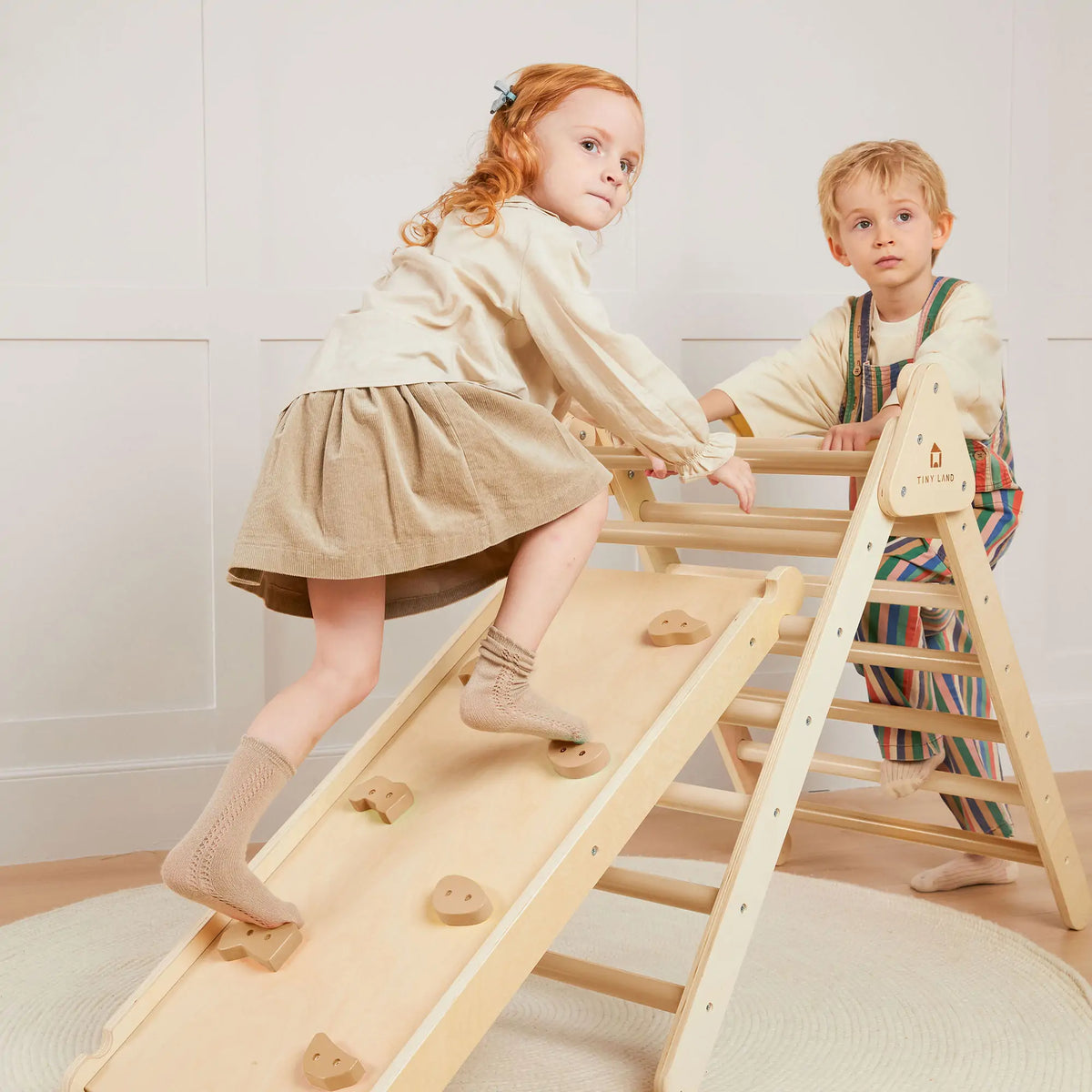 Tiny Land Pikler Triangle 7-in-1 – Wooden Montessori Climbing Set with Slide
