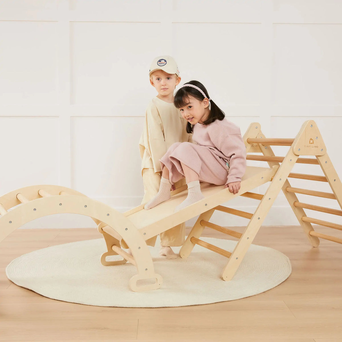 Tiny Land Pikler Triangle 7-in-1 – Wooden Montessori Climbing Set with Slide