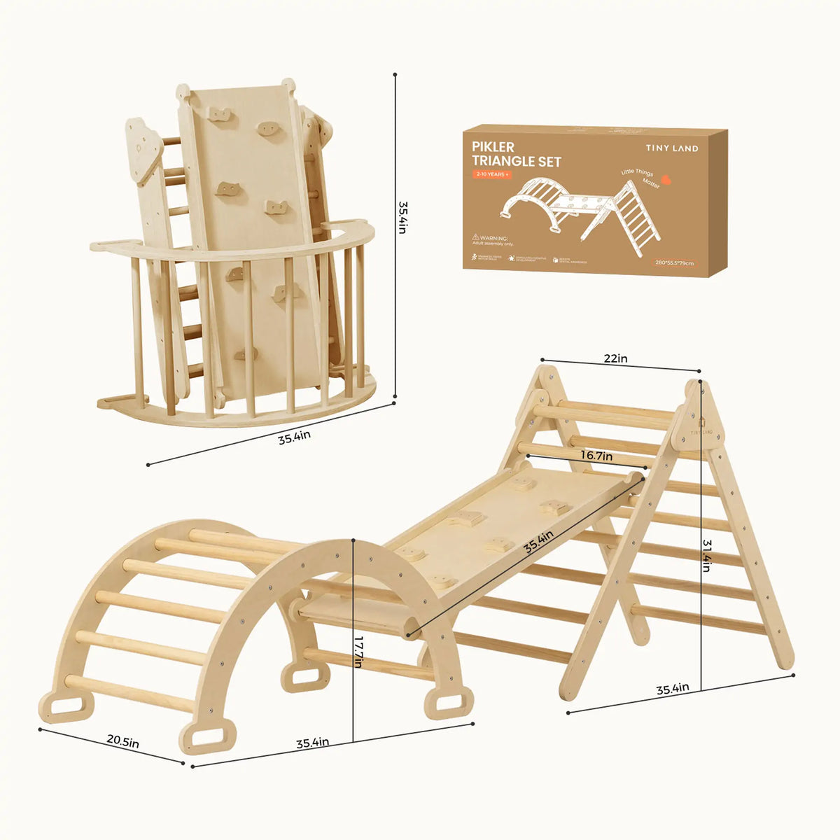 Tiny Land Pikler Triangle 7-in-1 – Wooden Montessori Climbing Set with Slide