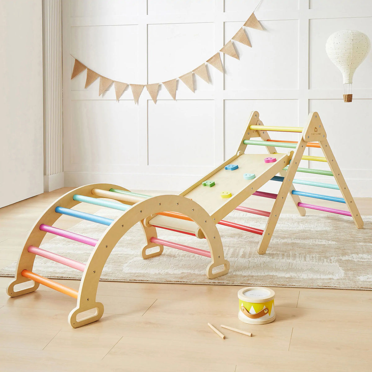 Tiny Land Pikler Triangle 7-in-1 – Wooden Montessori Climbing Set with Slide