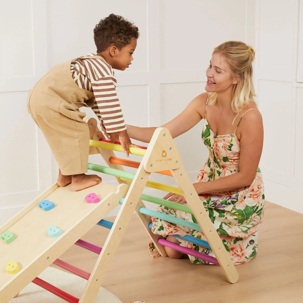 Tiny Land Pikler Triangle 7-in-1 – Wooden Montessori Climbing Set with Slide