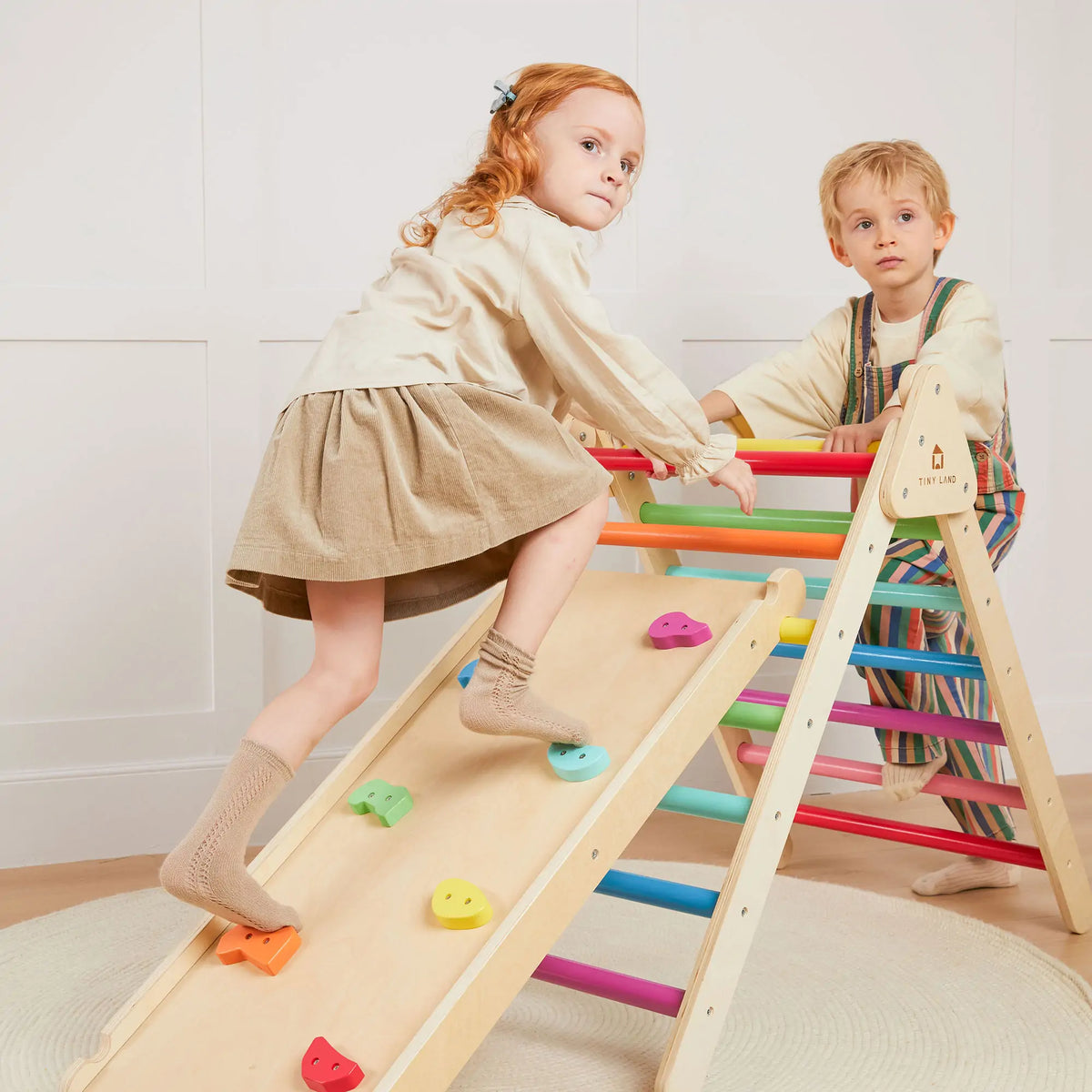 Tiny Land Pikler Triangle 7-in-1 – Wooden Montessori Climbing Set with Slide