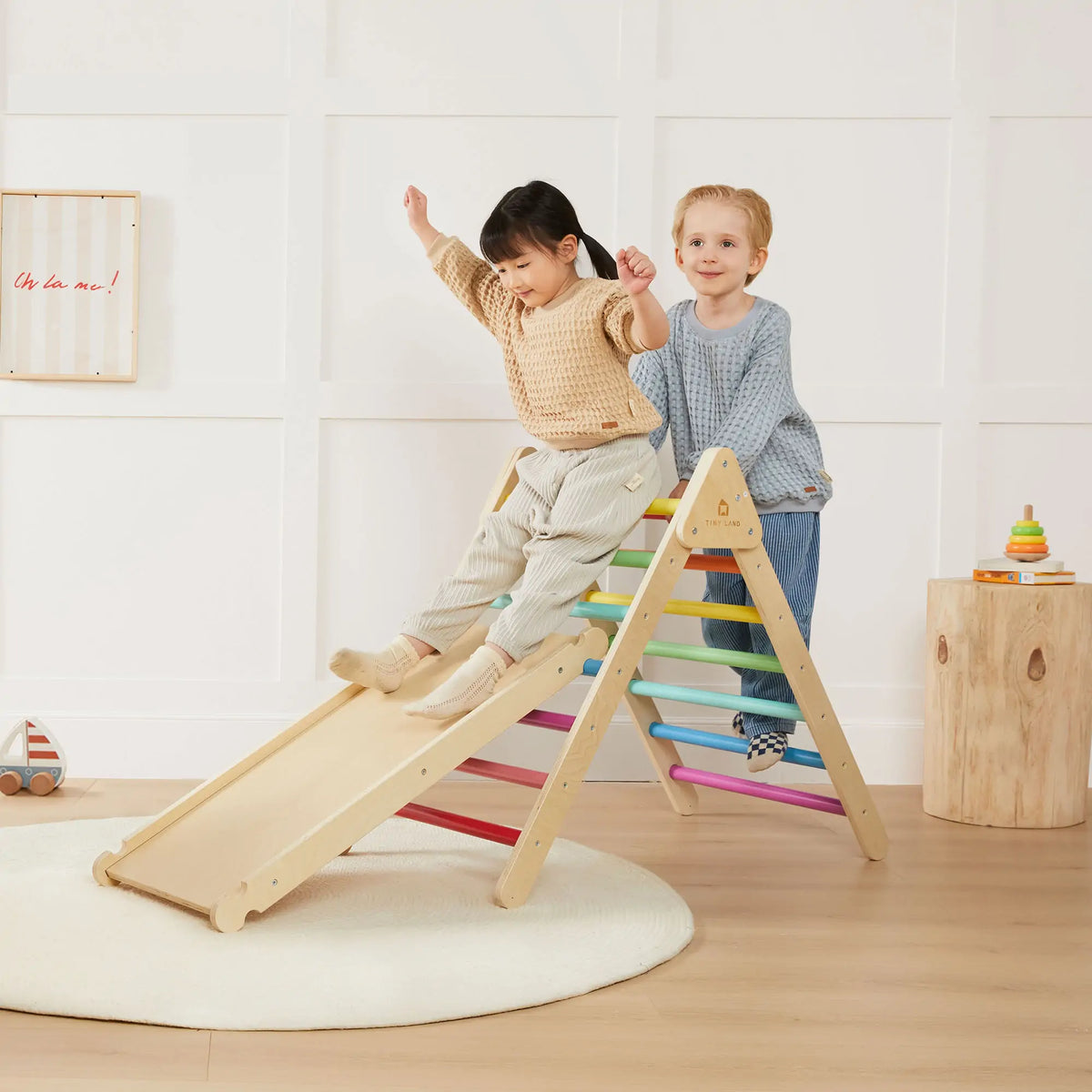 Tiny Land Pikler Triangle 7-in-1 – Wooden Montessori Climbing Set with Slide