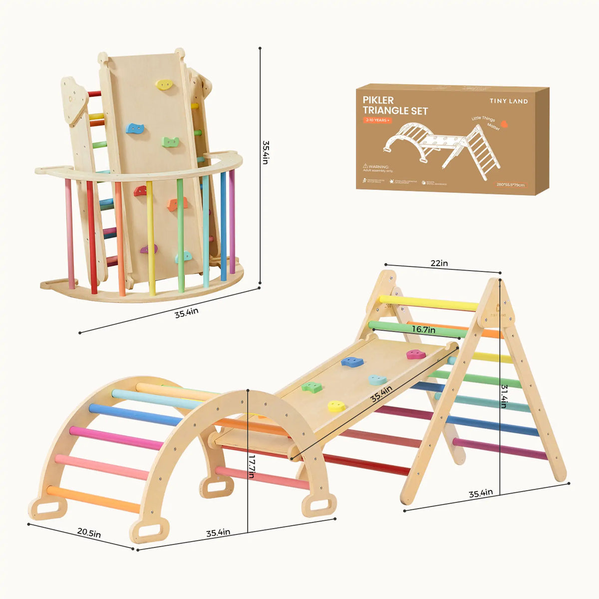 Tiny Land Pikler Triangle 7-in-1 – Wooden Montessori Climbing Set with Slide