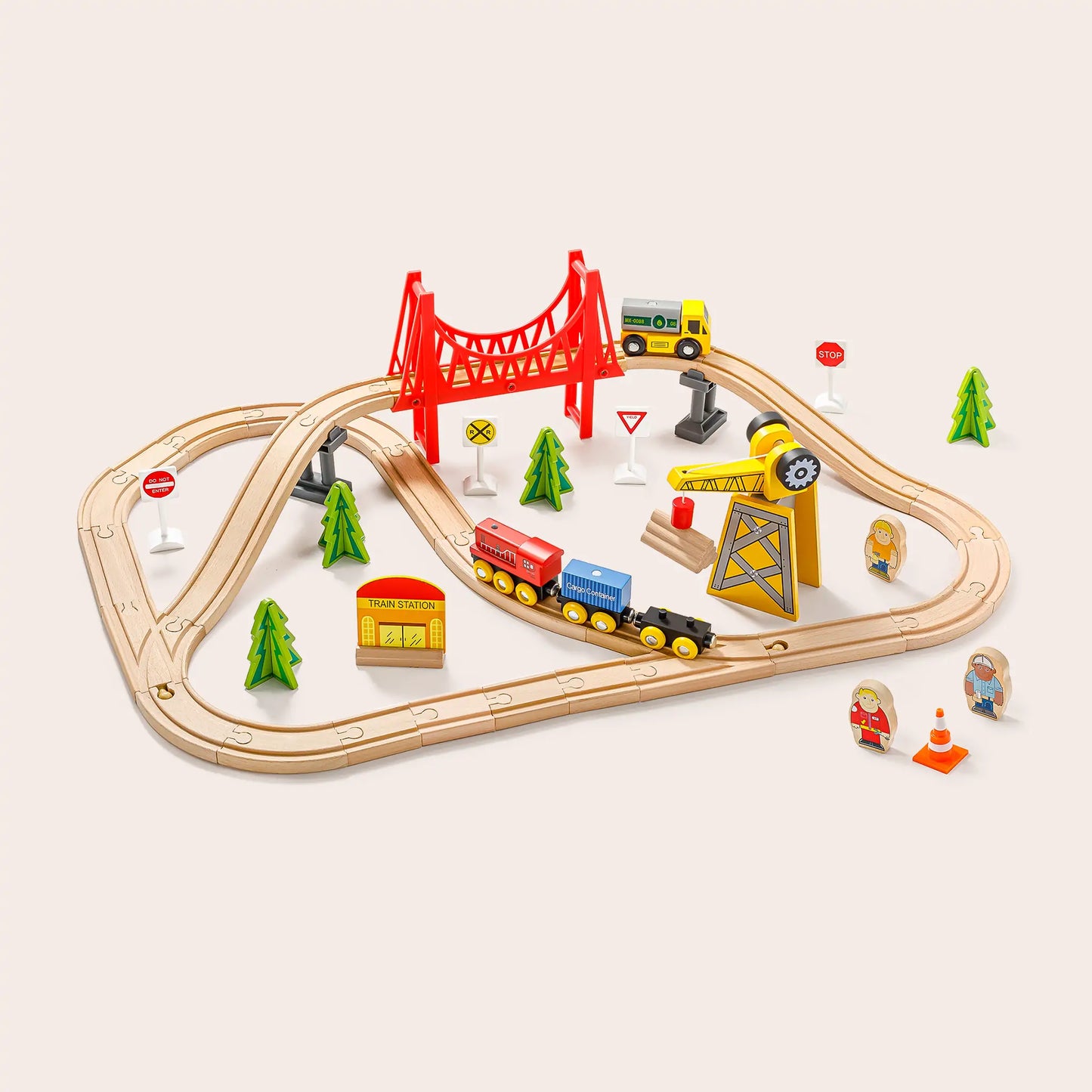 Tiny Land® Eco-Friendly Wooden Track Trains 55 Pcs