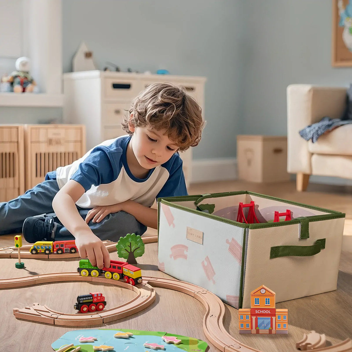 Tiny Land 110-Piece Wooden Train Set with Folding Storage Box – City Play Mat Train Set