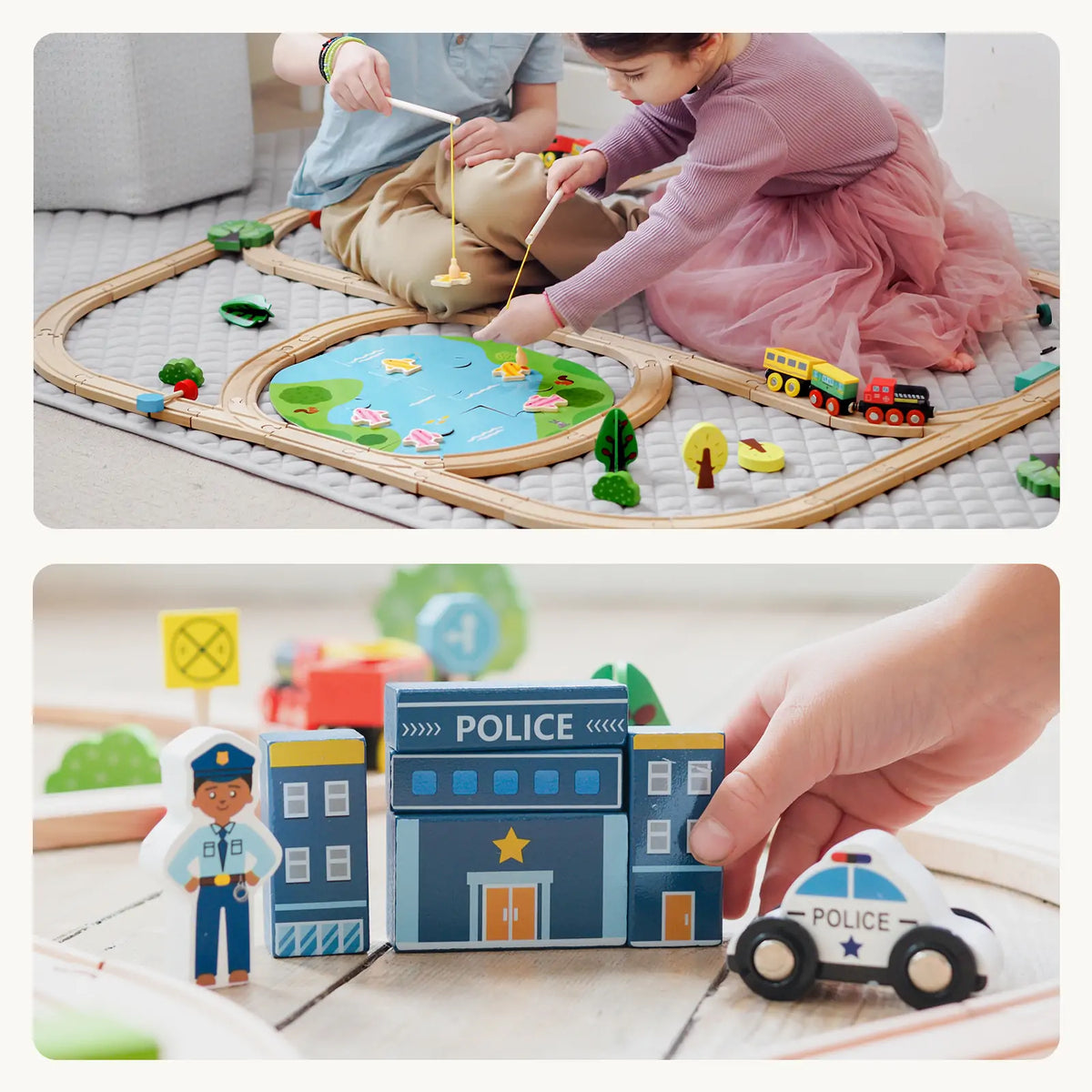 Tiny Land 110-Piece Wooden Train Set with Folding Storage Box – City Play Mat Train Set