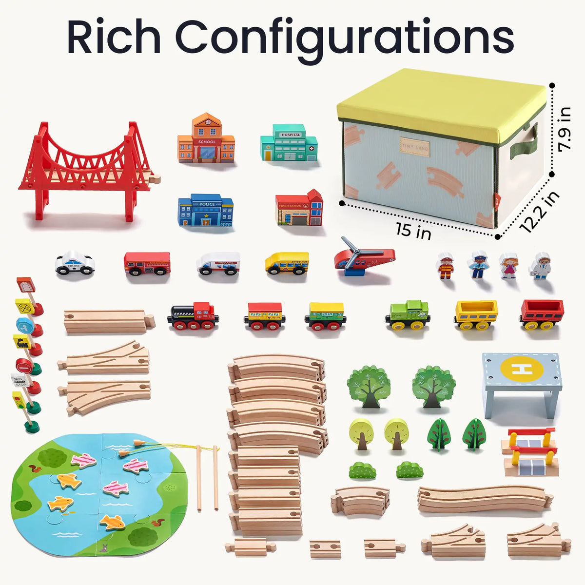 Tiny Land 110-Piece Wooden Train Set with Folding Storage Box – City Play Mat Train Set