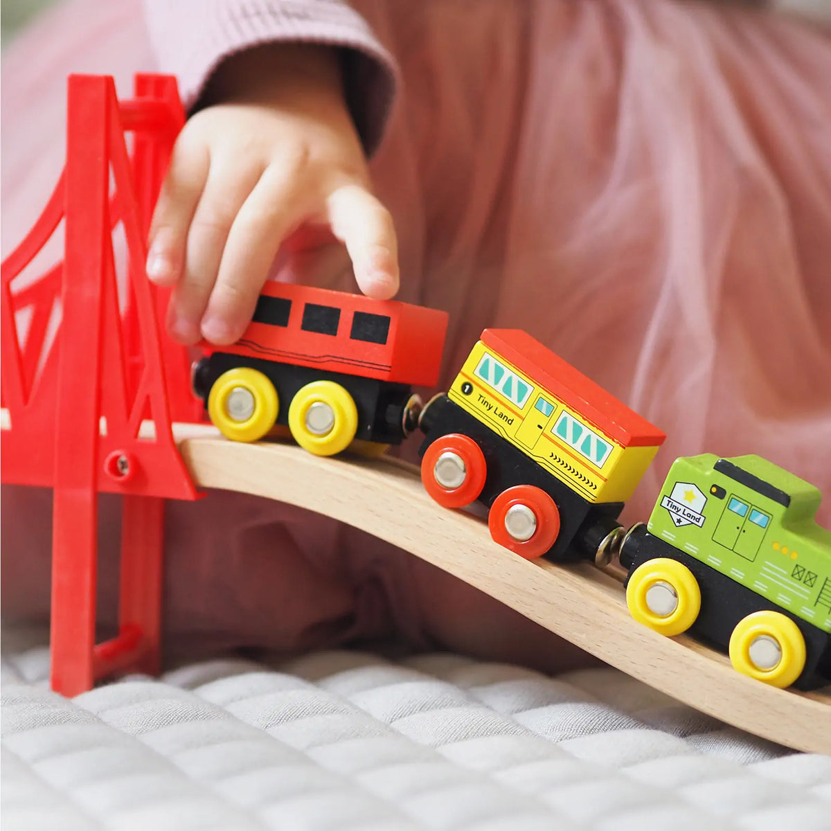 Tiny Land 110-Piece Wooden Train Set with Folding Storage Box – City Play Mat Train Set