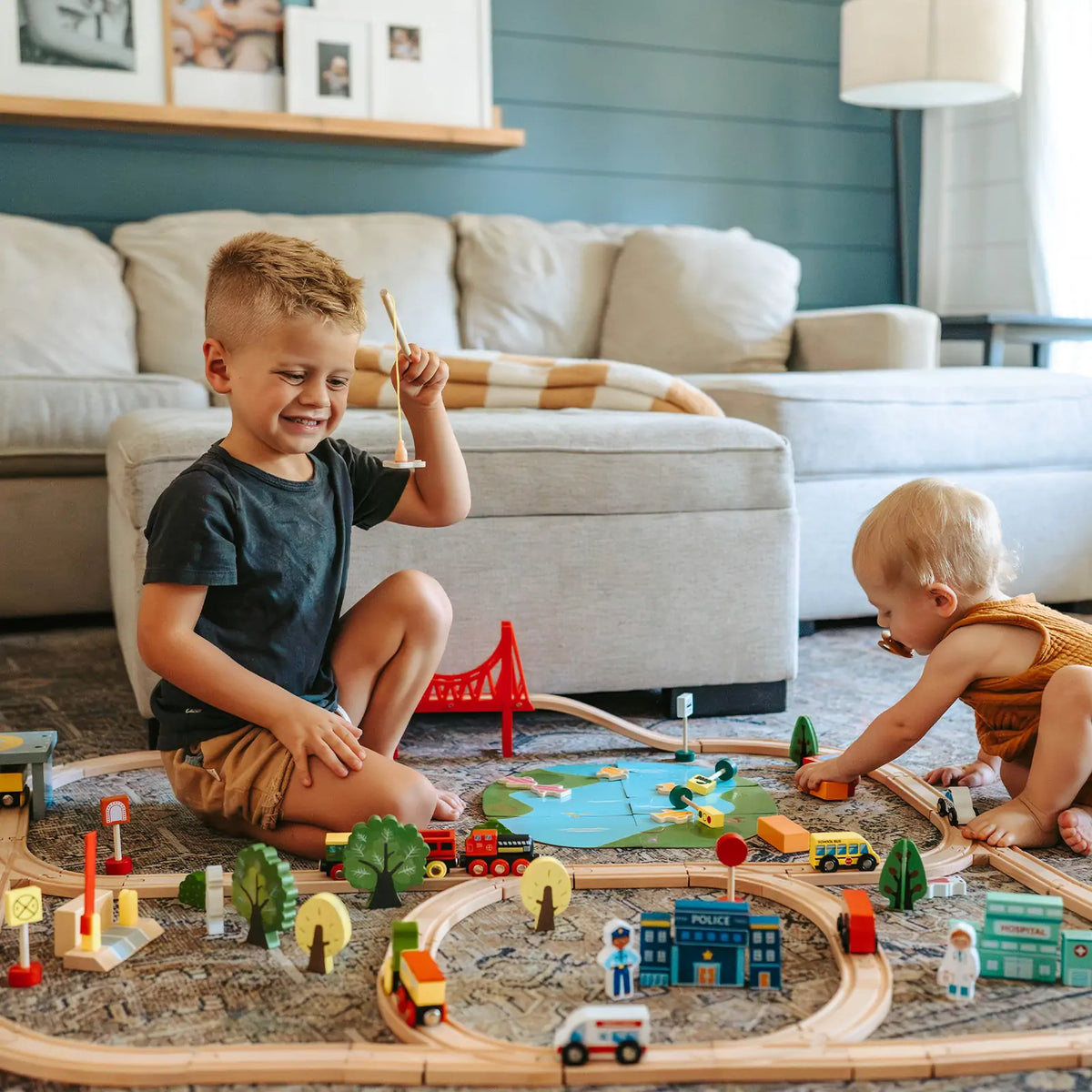 Tiny Land 110-Piece Wooden Train Set with Folding Storage Box – City Play Mat Train Set