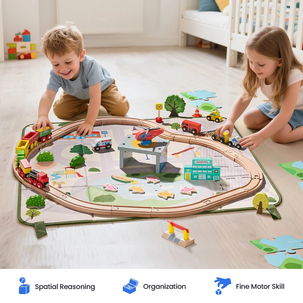 Tiny Land 110-Piece Wooden Train Set with Folding Storage Box – City Play Mat Train Set