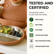 Load image into Gallery viewer, Tots Ground Eco-Friendly Stainless Steel Baby and Toddler Divided Plates PRE-ORDER NOW | Butter Yellow &amp; Baby Blue)
