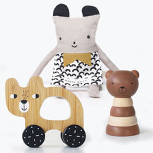 Load image into Gallery viewer, toddler eco-friendly bamboo organic cotton wood stacker toy 
