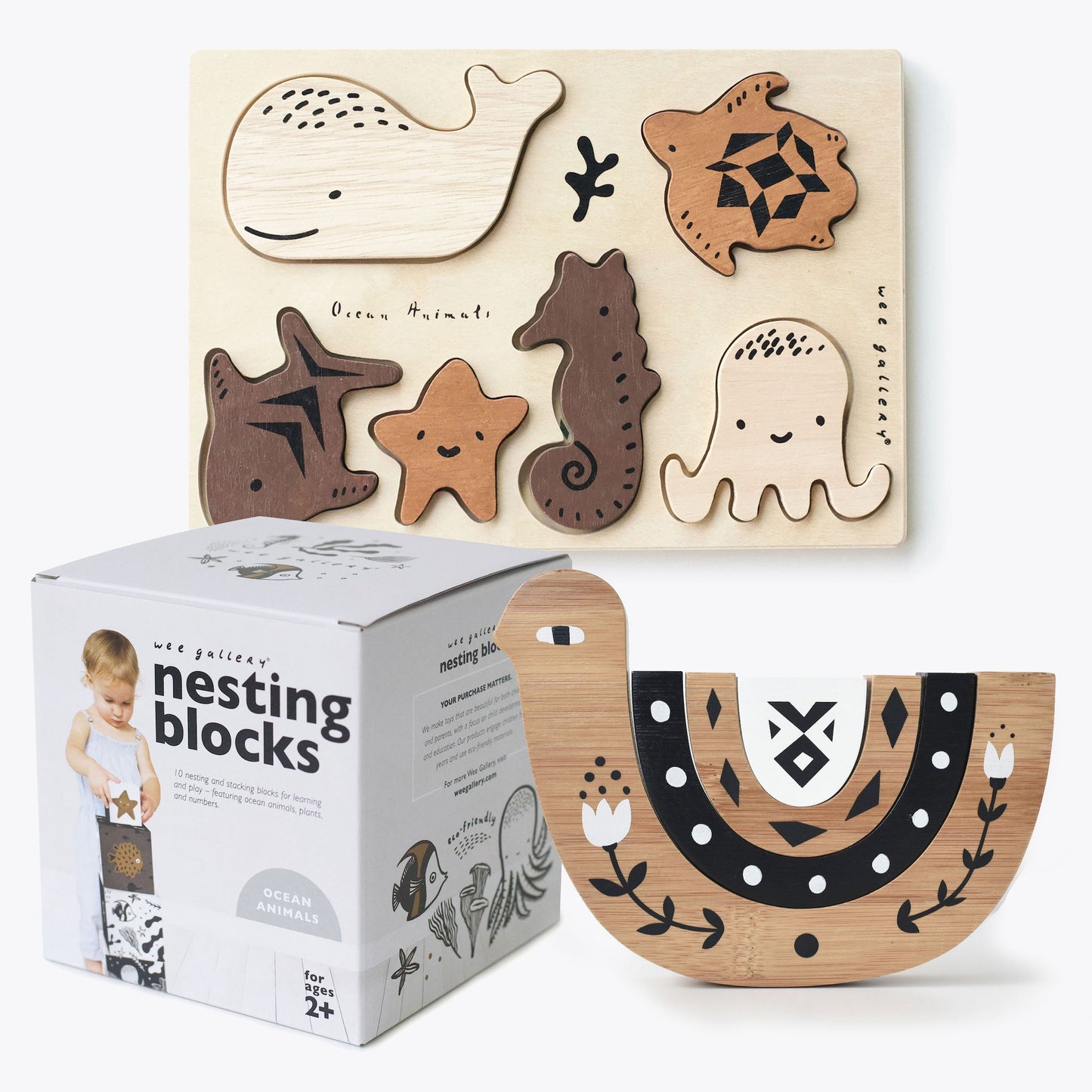 Wee Gallery Eco-Friendly Non-Toxic Montessori Toddler Ocean Toy Bundle | Wooden Puzzle, Blocks, Nesting Toy