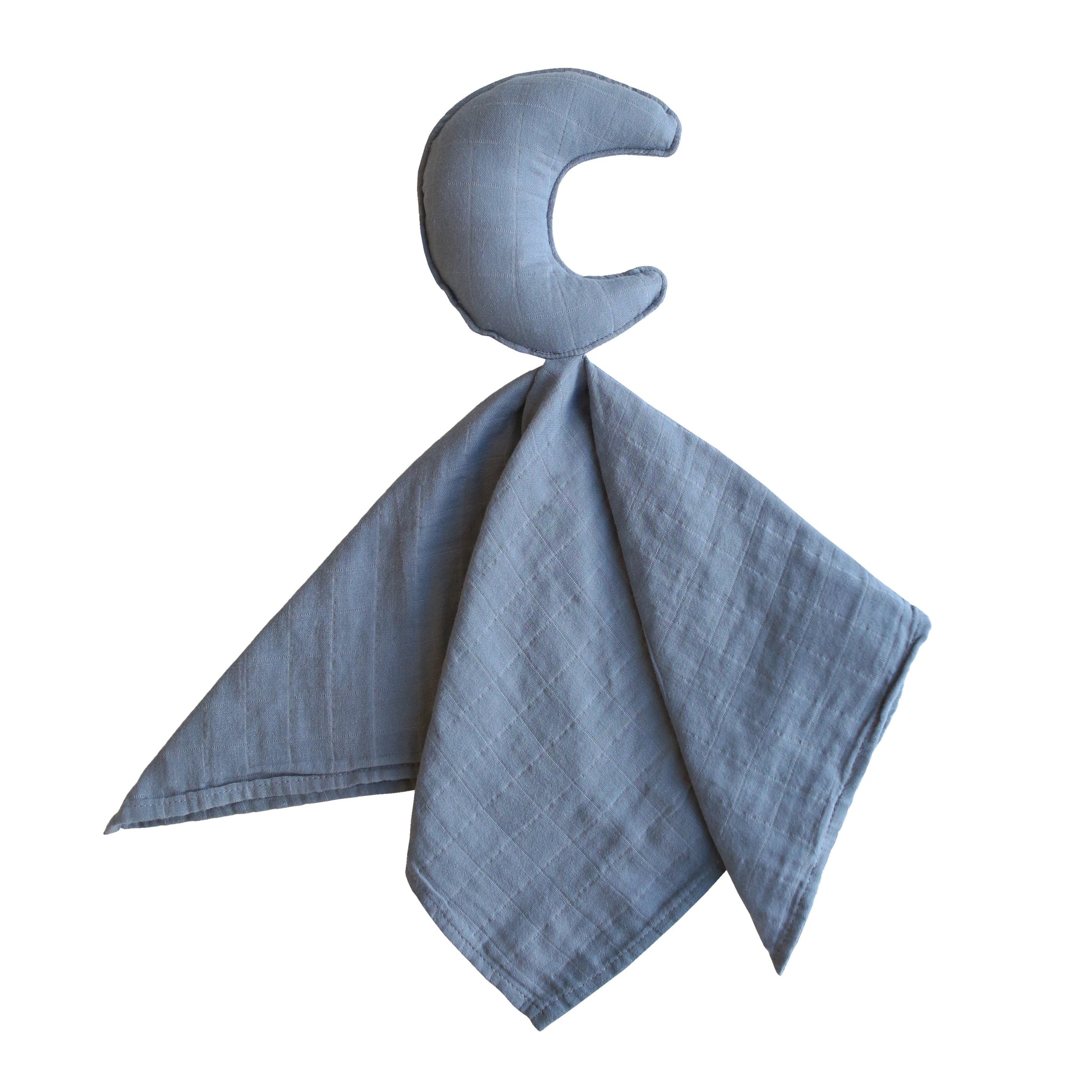 A soft organic cotton muslin lovey blanket in a muted blue color by Mushie.