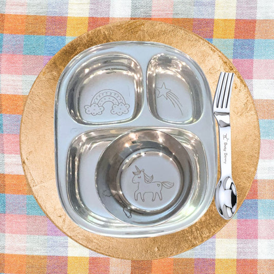Busy Benny Unicorn & Rainbow Stainless Steel Dinnerware Set for Four