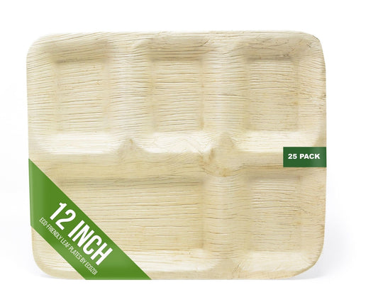 Ecozoi Disposable Eco-Friendly Plant Based Divided Plates, 5 Compartment 12" Rectangle Palm Leaf Plates, 25 Pack