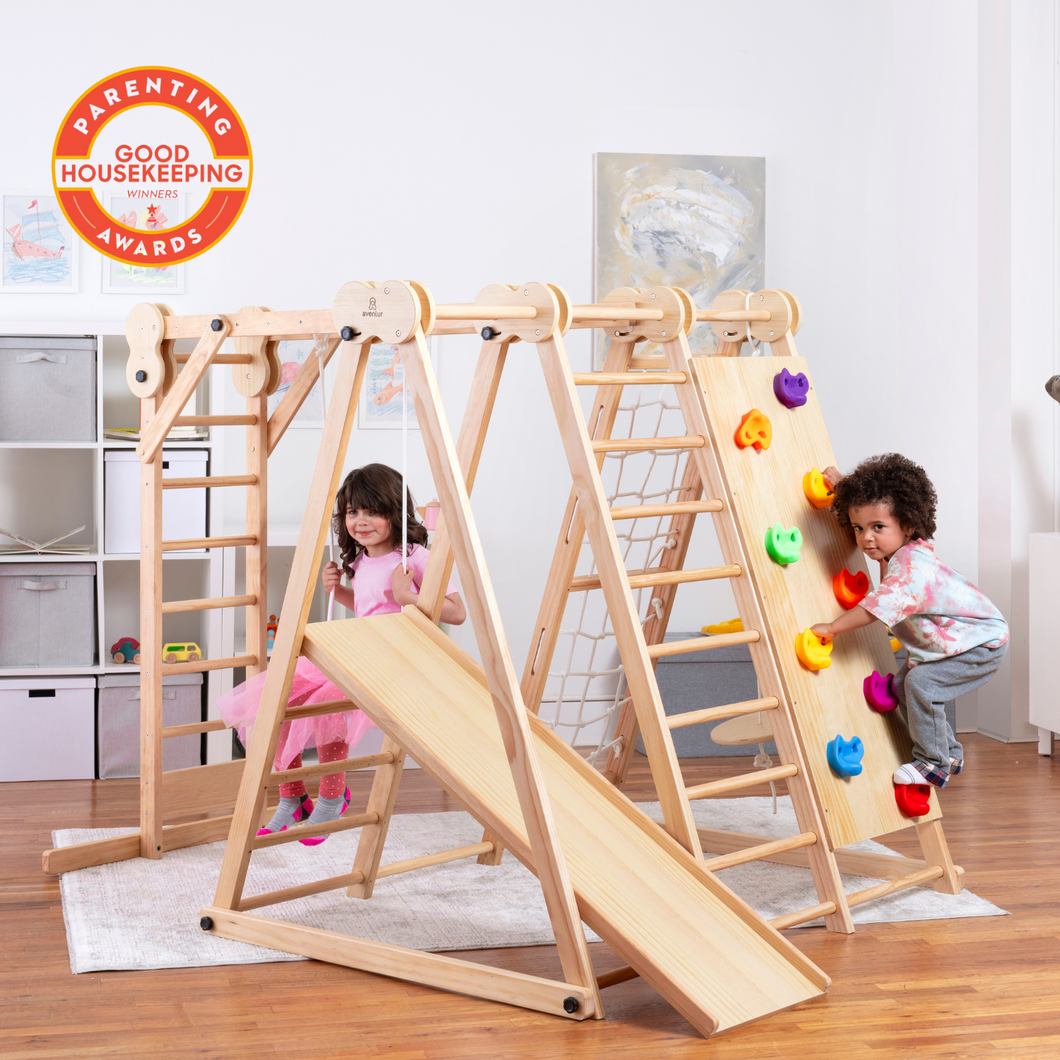 little boy and girl playing on eco-friendly non-toxic wooden indoor playground by avenlur