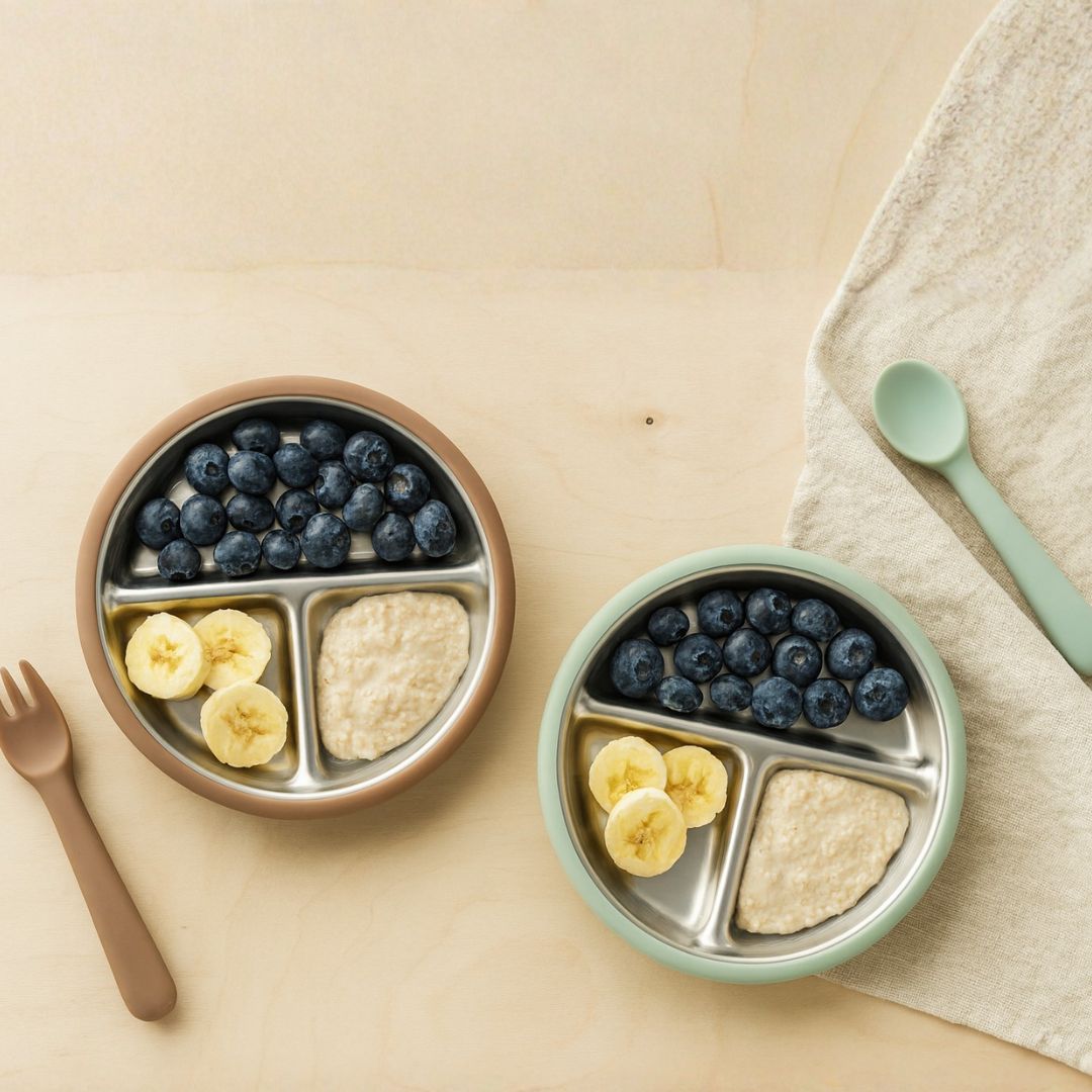 Tots Ground Eco-Friendly Stainless Steel Baby and Toddler Divided Plates - Mocha Mousse & Sage Green - Pre-Order Now