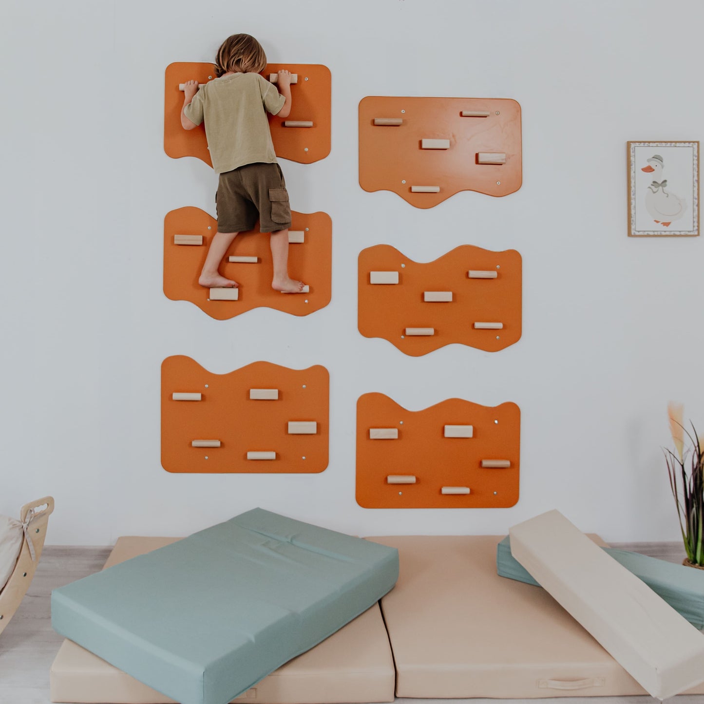 Indoor Rock Wall with Cloud-Shaped Panels & Wooden Climbing Holds for Kids 3-10