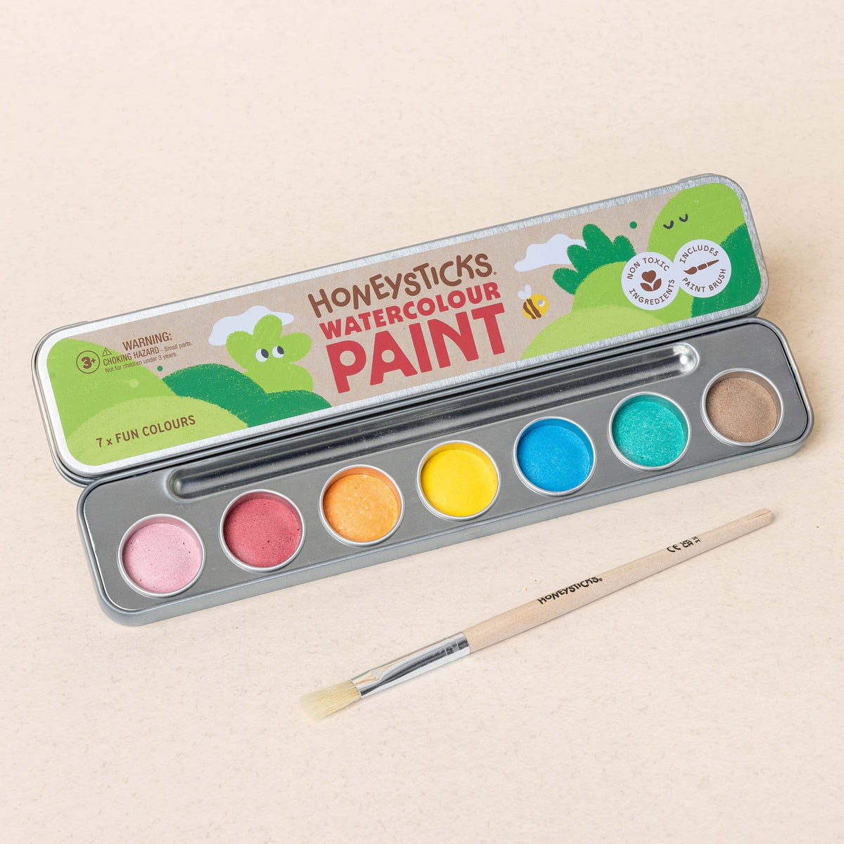 Honeysticks Watercolor Paint Set for Kids – Non-Toxic, 7 Colors with Wooden Brush