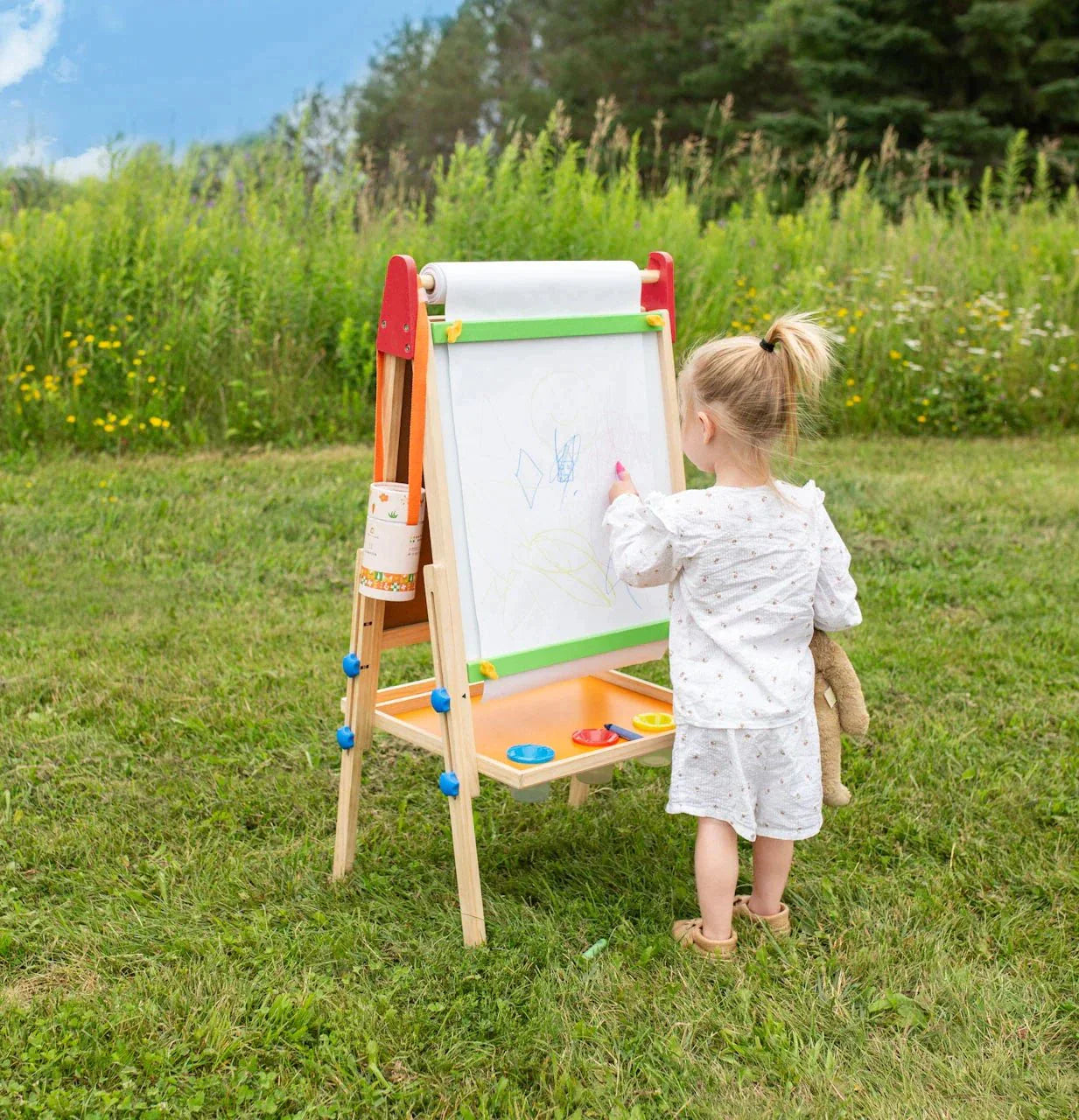 Tiny Land® 3-in-1 Wooden Eco-Friendly Art Easel & Paper Roll Set for Kids