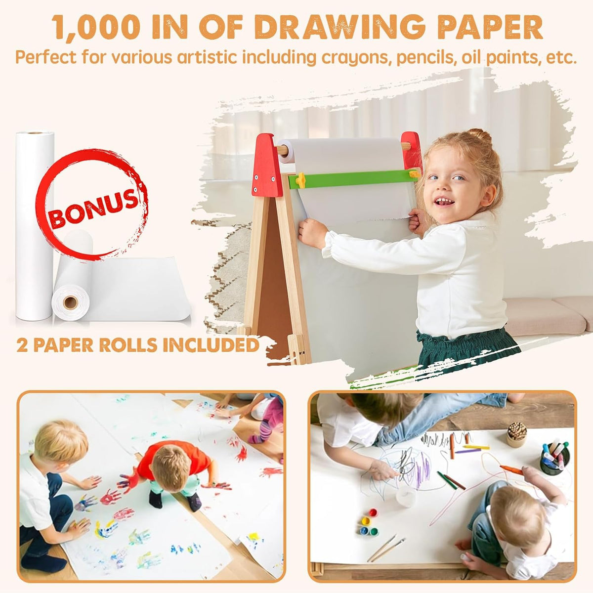 Tiny Land 3-in-1 Kids Art Easel – Chalkboard, Magnetic Whiteboard & Paper Roll