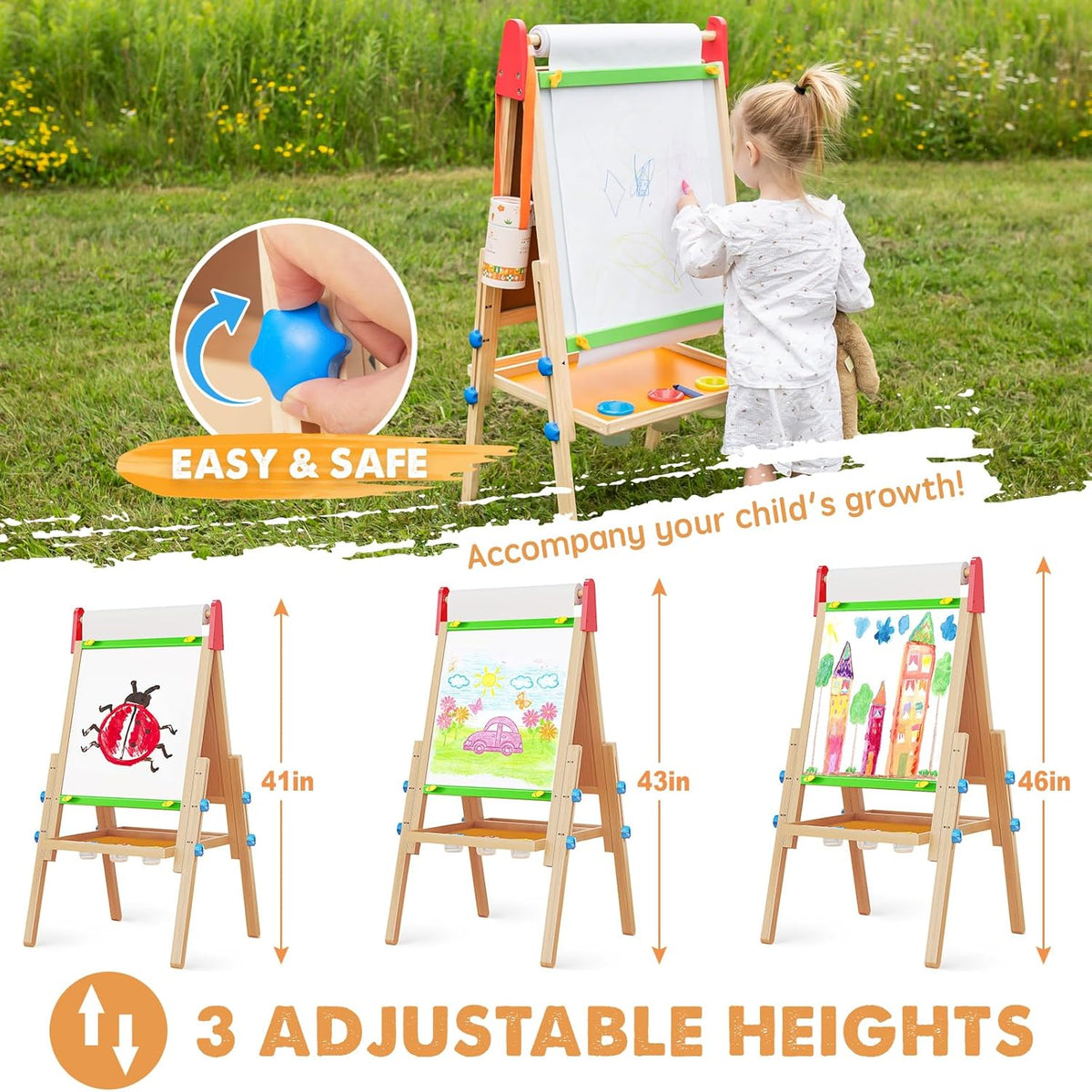 Tiny Land 3-in-1 Kids Art Easel – Chalkboard, Magnetic Whiteboard & Paper Roll