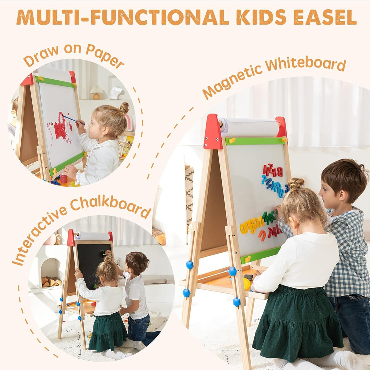 Tiny Land 3-in-1 Kids Art Easel – Chalkboard, Magnetic Whiteboard & Paper Roll