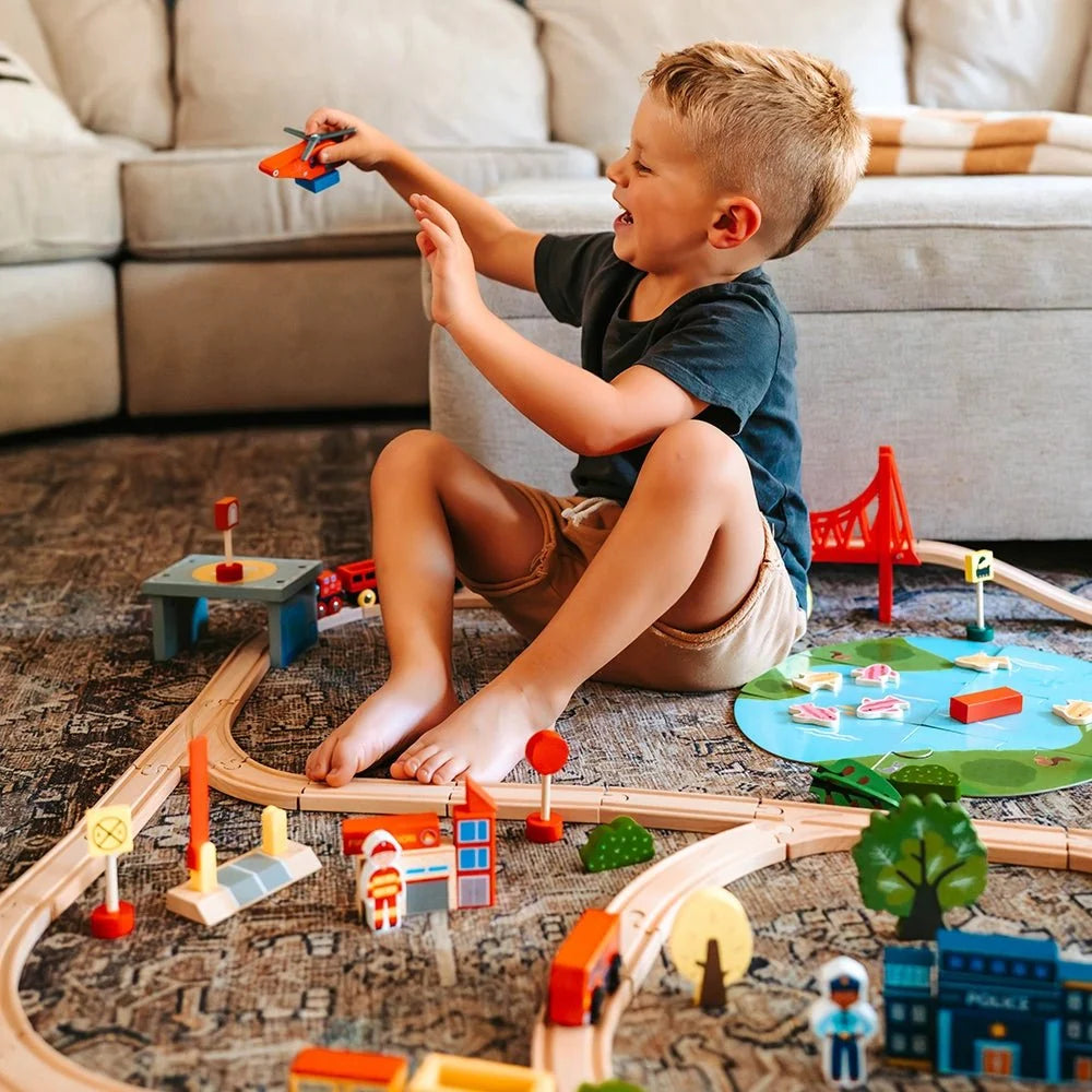 Tiny Land Wooden Train Set for Kids – 39, 55 or 110 Pieces