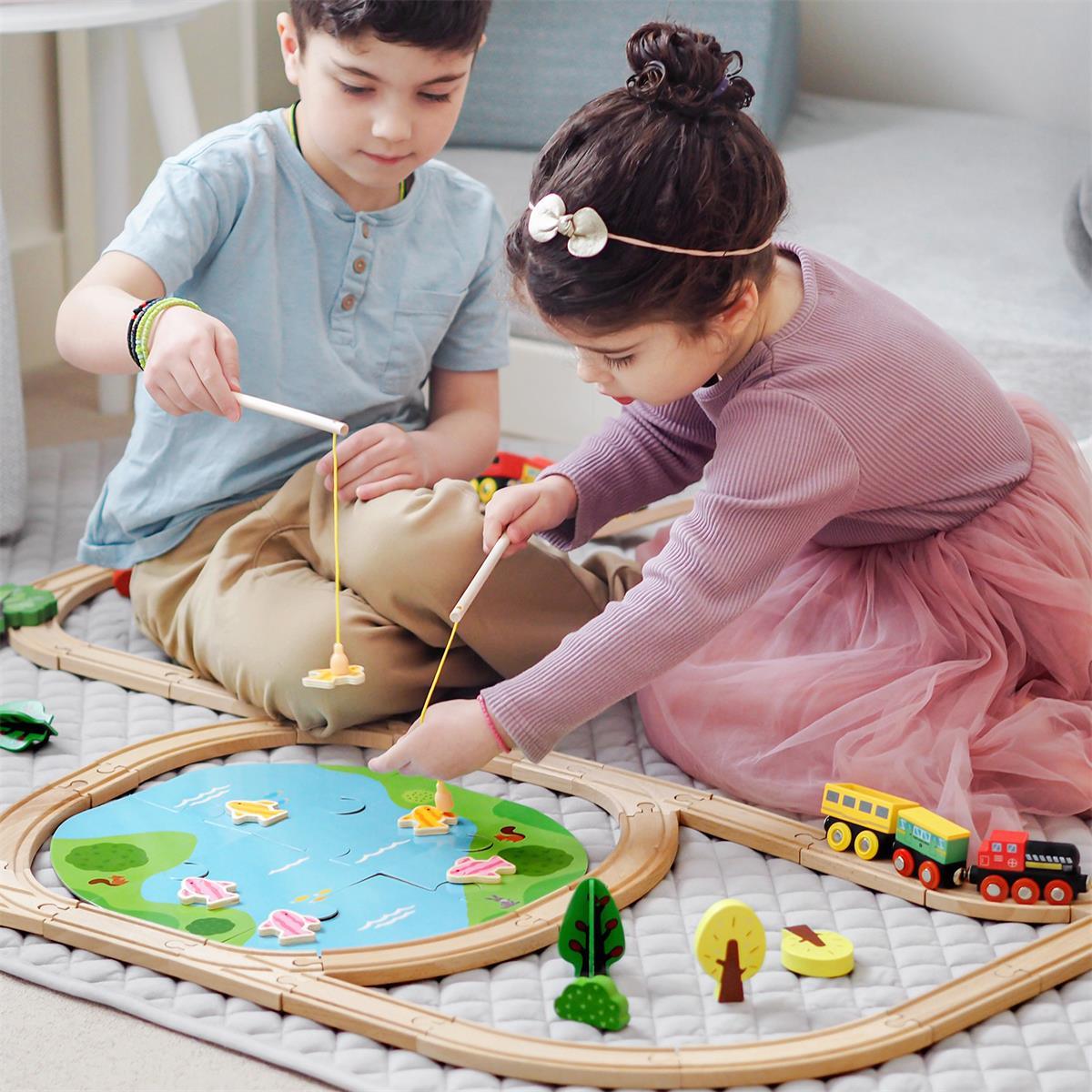 Tiny Land Wooden Train Set for Kids – 39, 55 or 110 Pieces