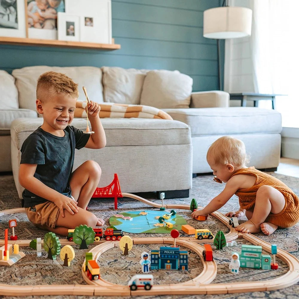 Tiny Land Wooden Train Set for Kids – 39, 55 or 110 Pieces
