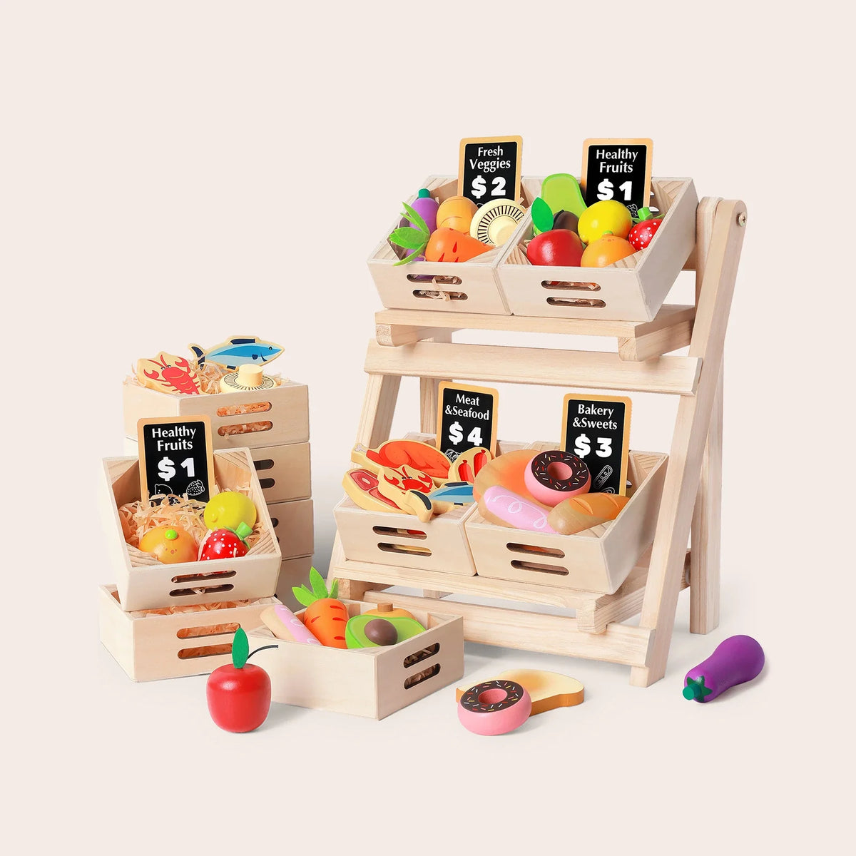 Tiny Land® Wooden Play Food Set & Wooden Rack – 30+ Pretend Play Kitchen Accessories with Price Cards & Menu, Ages 3+