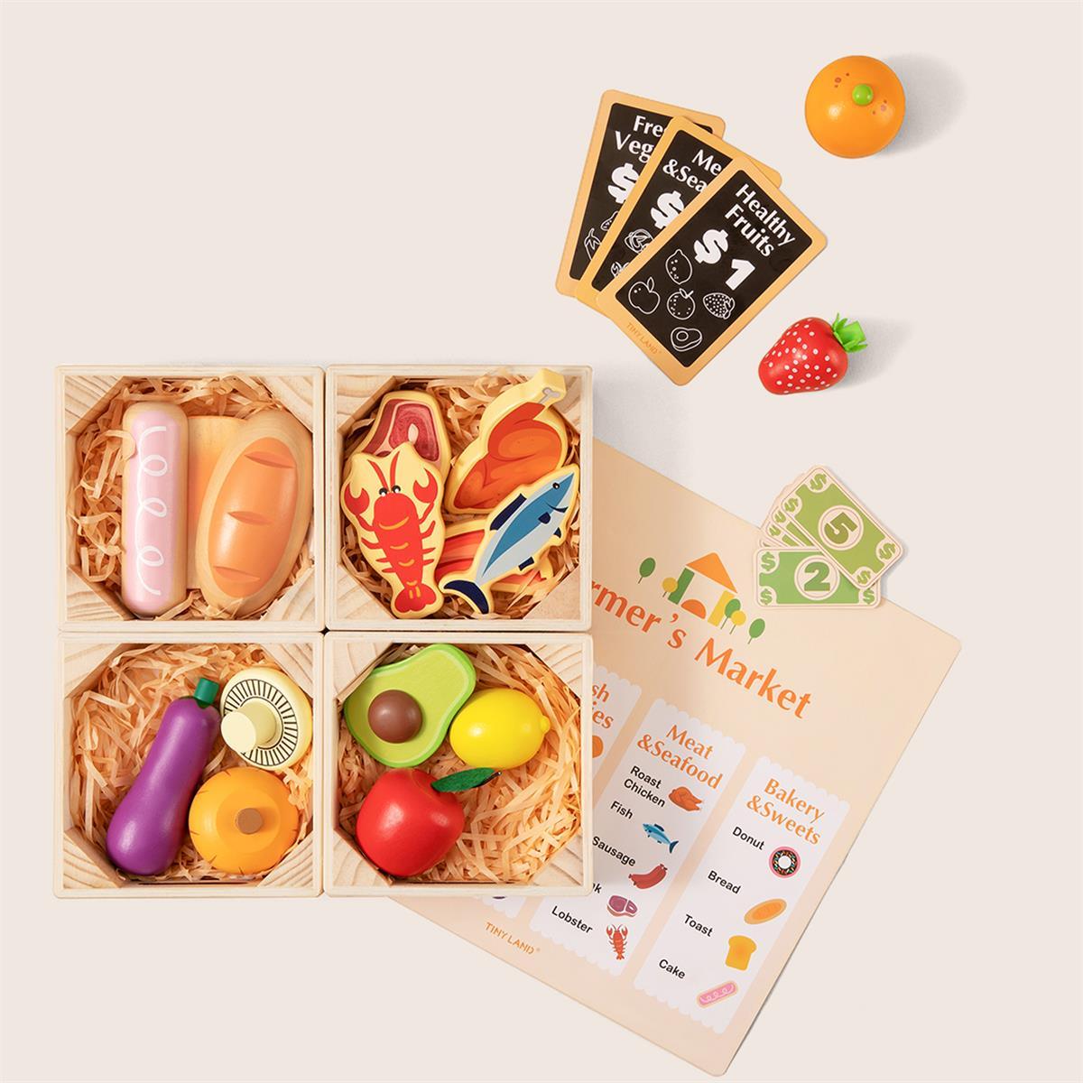 Tiny Land® Wooden Play Food Set & Wooden Rack – 30+ Pretend Play Kitchen Accessories with Price Cards & Menu, Ages 3+