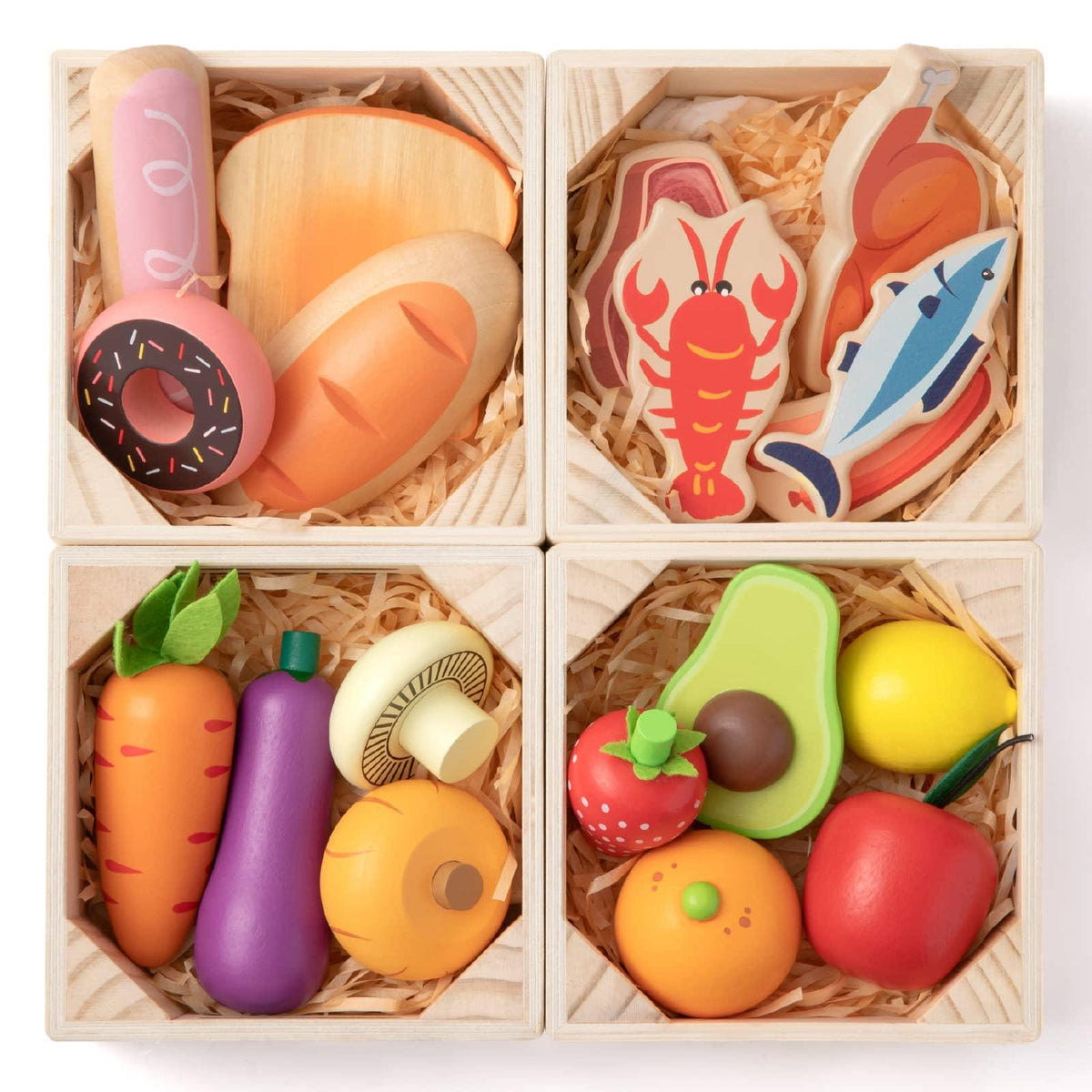 Tiny Land® Wooden Play Food Set & Wooden Rack – 30+ Pretend Play Kitchen Accessories with Price Cards & Menu, Ages 3+