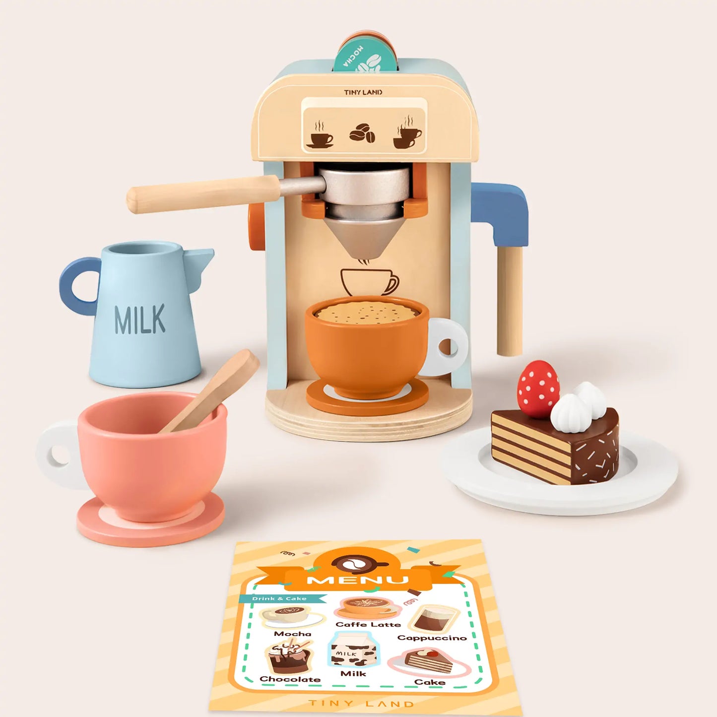 Tiny Land® Eco-Friendly Wooden Kids Pretend Play Coffee Maker Set
