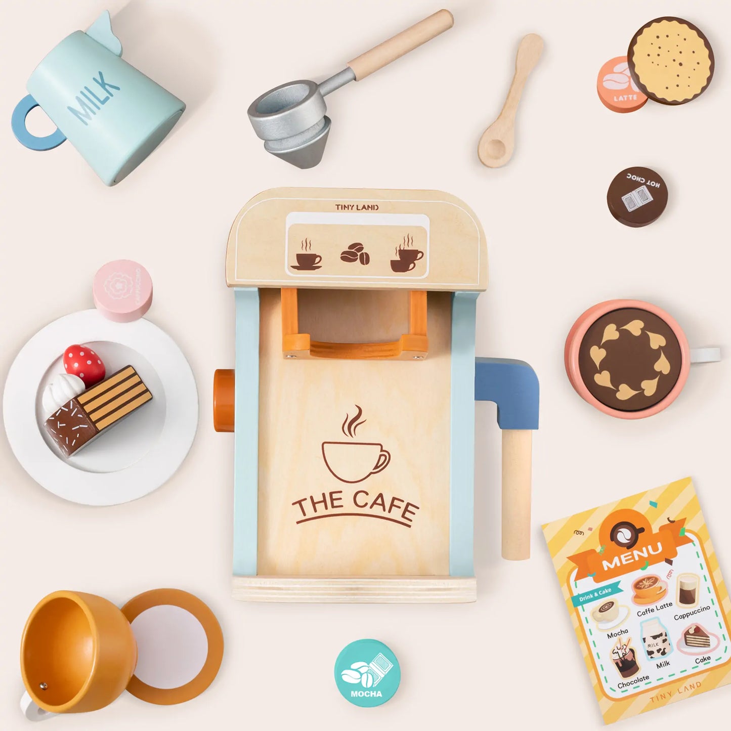 Tiny Land® Eco-Friendly Wooden Kids Pretend Play Coffee Maker Set