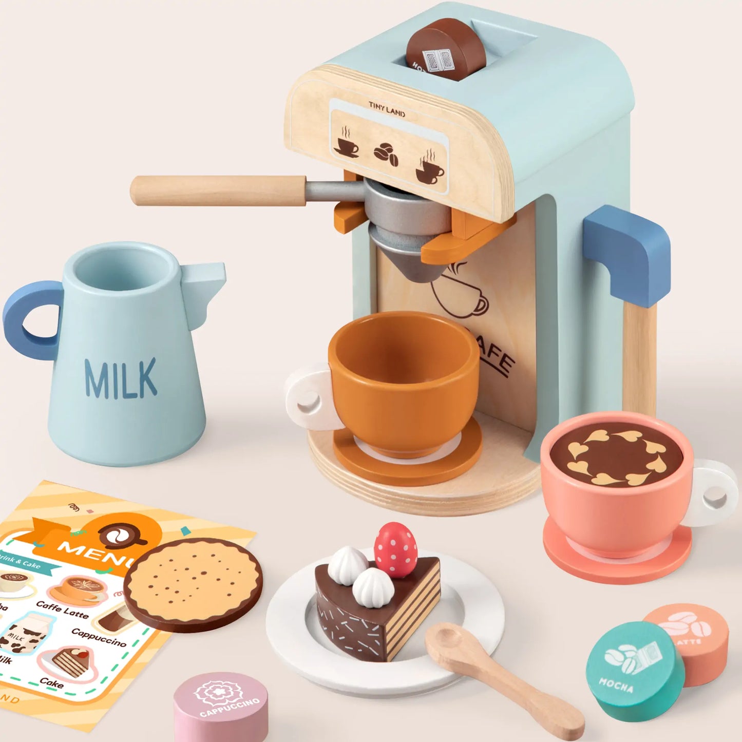 Tiny Land® Eco-Friendly Wooden Kids Pretend Play Coffee Maker Set